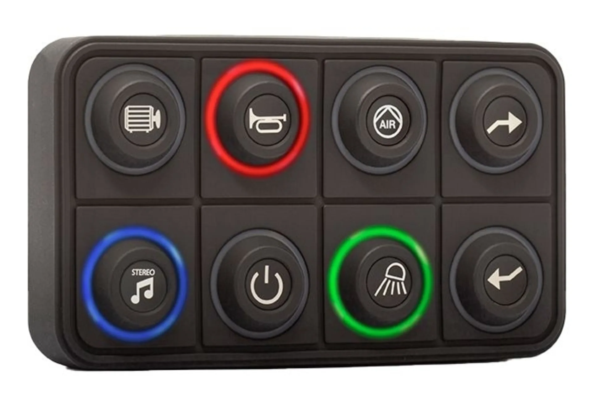 Clavier à 8 touches (2×4), CAN, connecteur allemand - 12 / 24 V IP67, inserts de symboles configurables 15 mm
