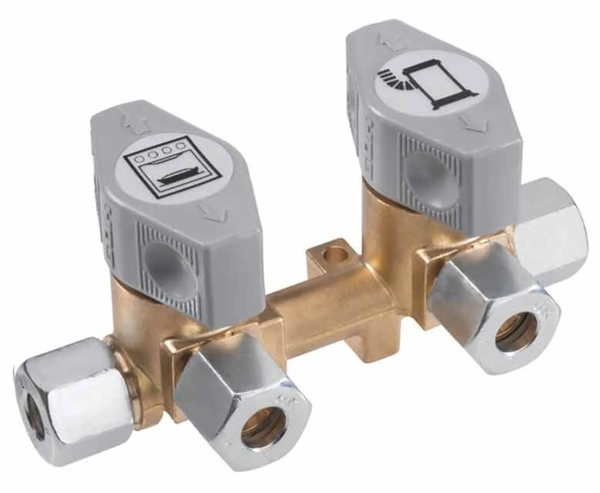2-fach-Schnellschluss-Absperrventil für 10 mm Eingang und 8 mm Abgängen 2-fach-Schnellschluss-Absperrventil für 10 mm Eingang und 8 mm Abgängen