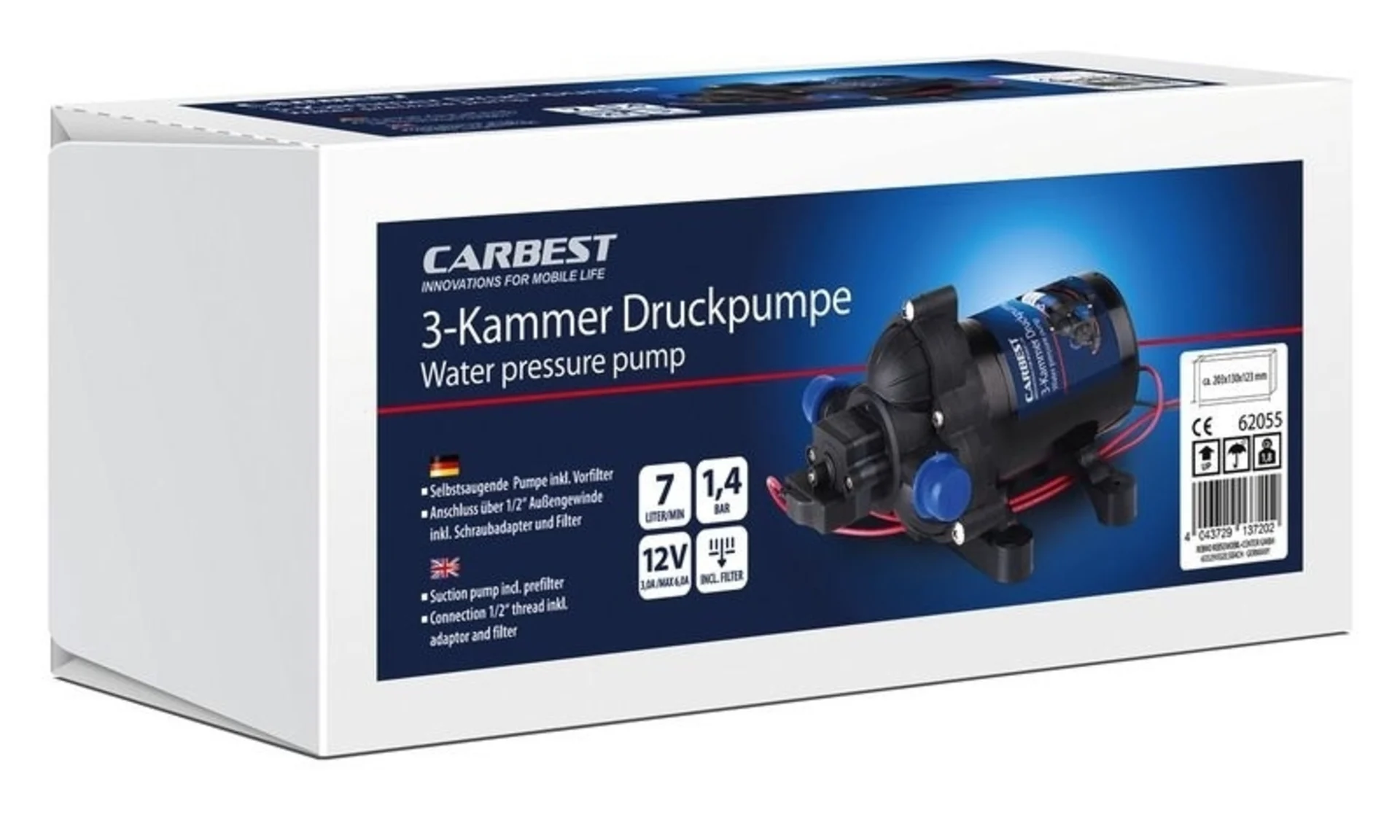 Carbest 3-Kammer-Druckwasserpumpe mit Vorfilter - 7 l/min 1.4bar, 12V