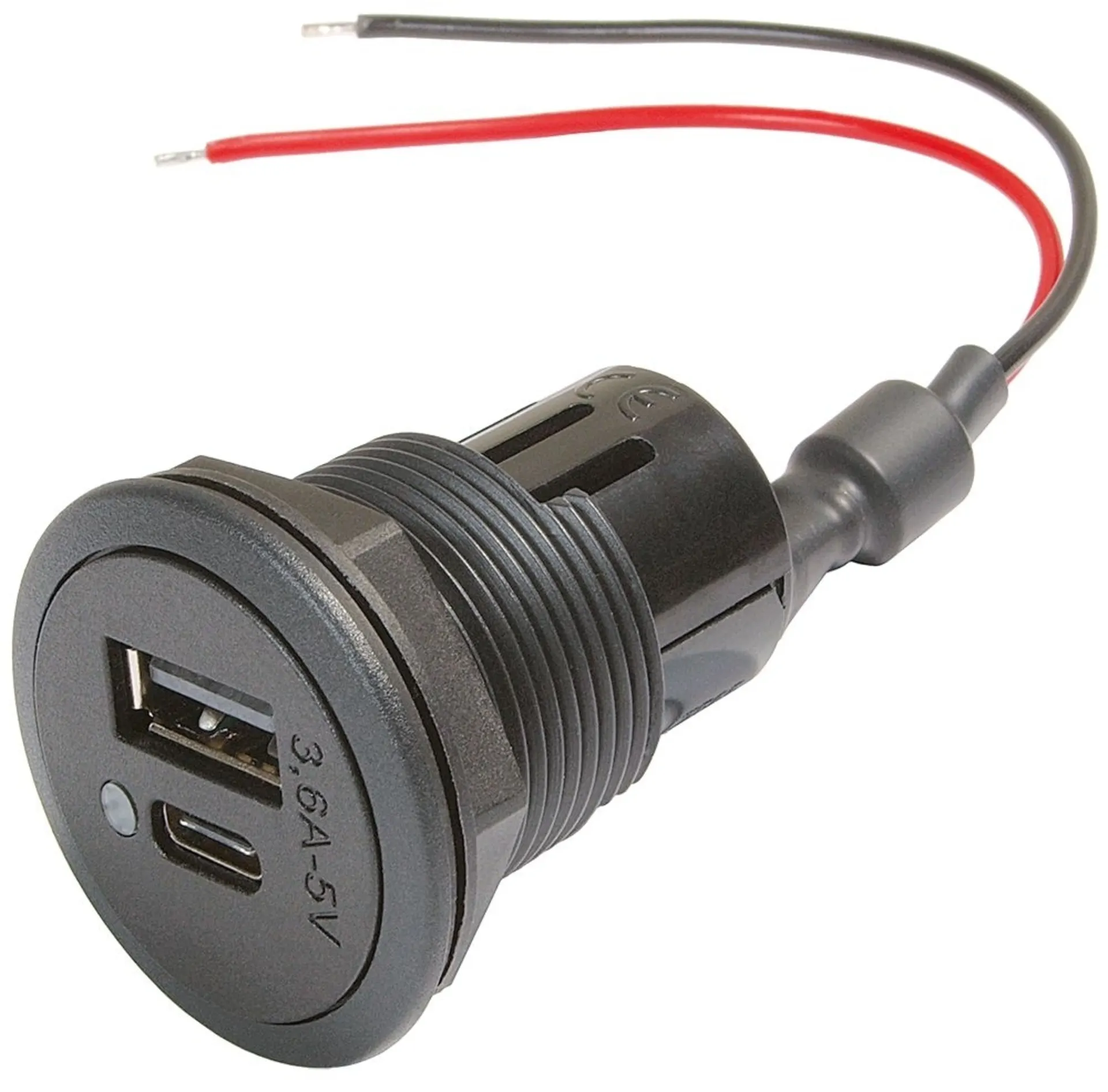 Einbausteckdose - 1 x USB-A und 1 x USB-C ø 27.8, 12/24 V --> 3.6 A Einbausteckdose - 1 x USB-A und 1 x USB-C ø 27.8, 12/24 V --> 3.6 A