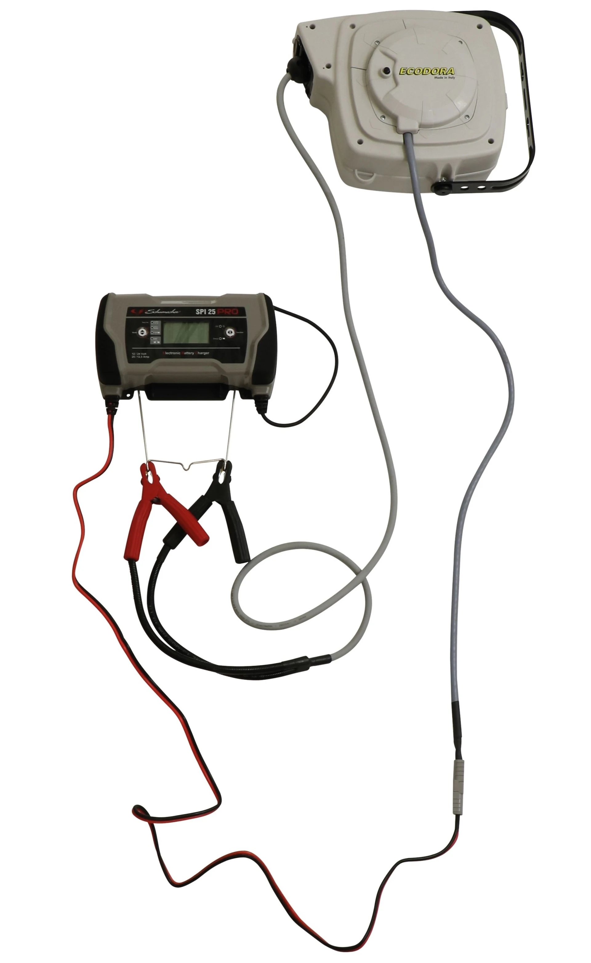 Batterieladegerät 12/24 V 25 A mit Kabelaufroller für Wand- oder Deckenmontage Batterieladegerät 12/24 V 25 A mit Kabelaufroller für Wand- oder Deckenmontage