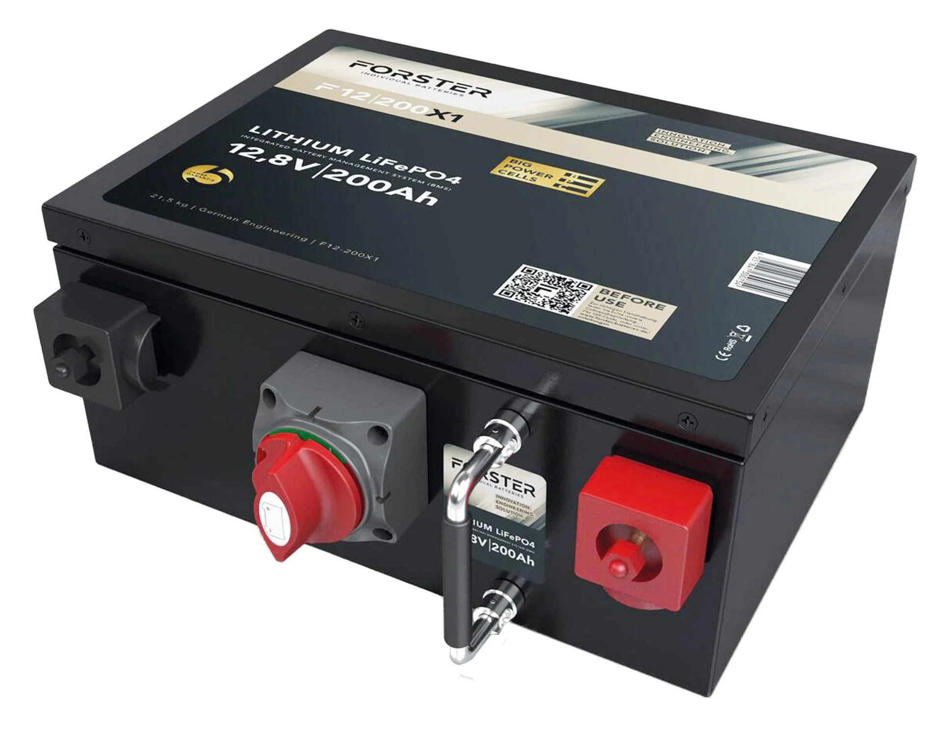 Forster LiFePO4 Lithium-Batterie 12 V 200 Ah High Power 325 x 360 x 160 mm, Untersitz-Batterie