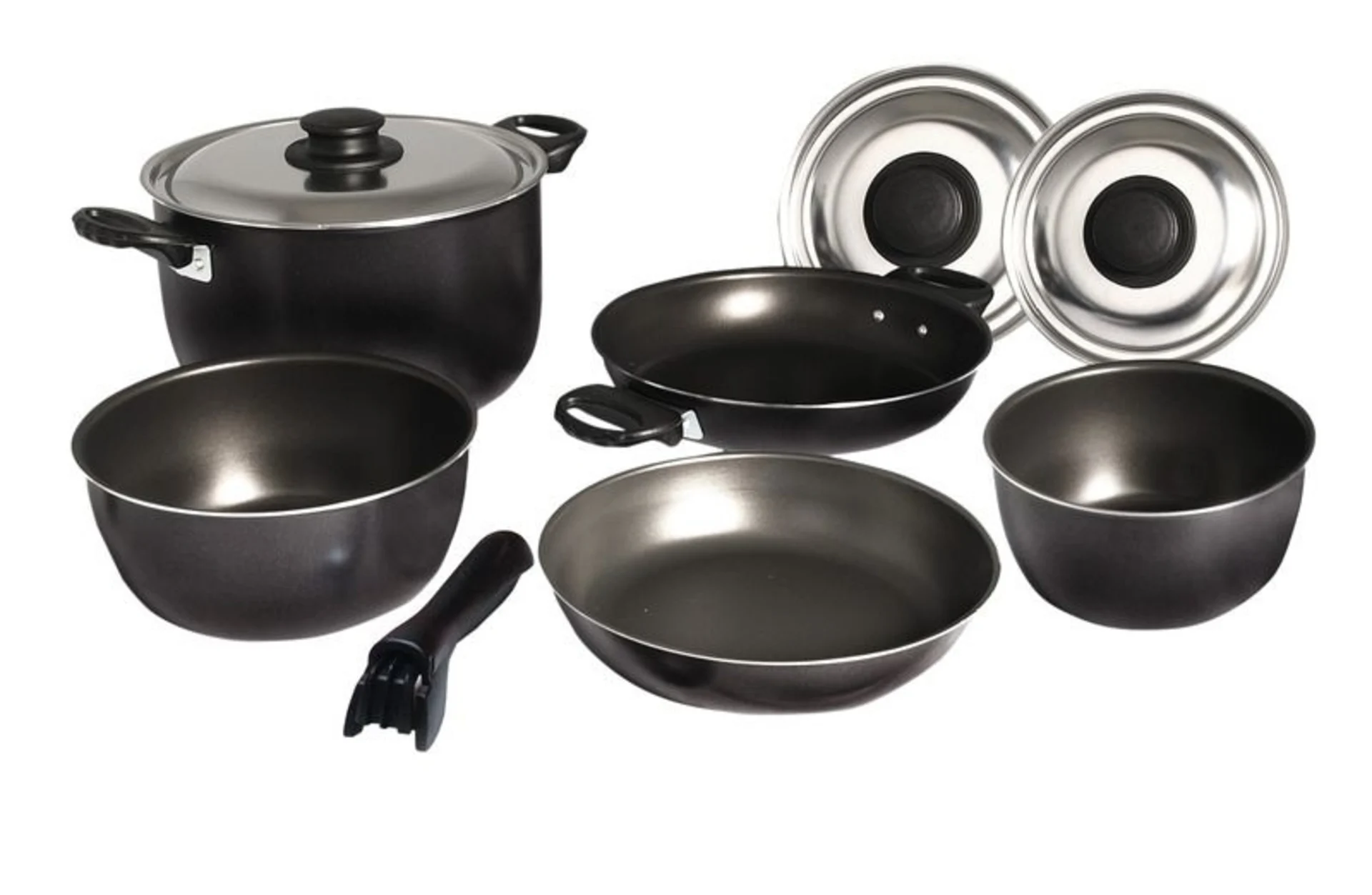 Camping-Topfset aus Aluminium, 9-teilig, Silber/schwarz