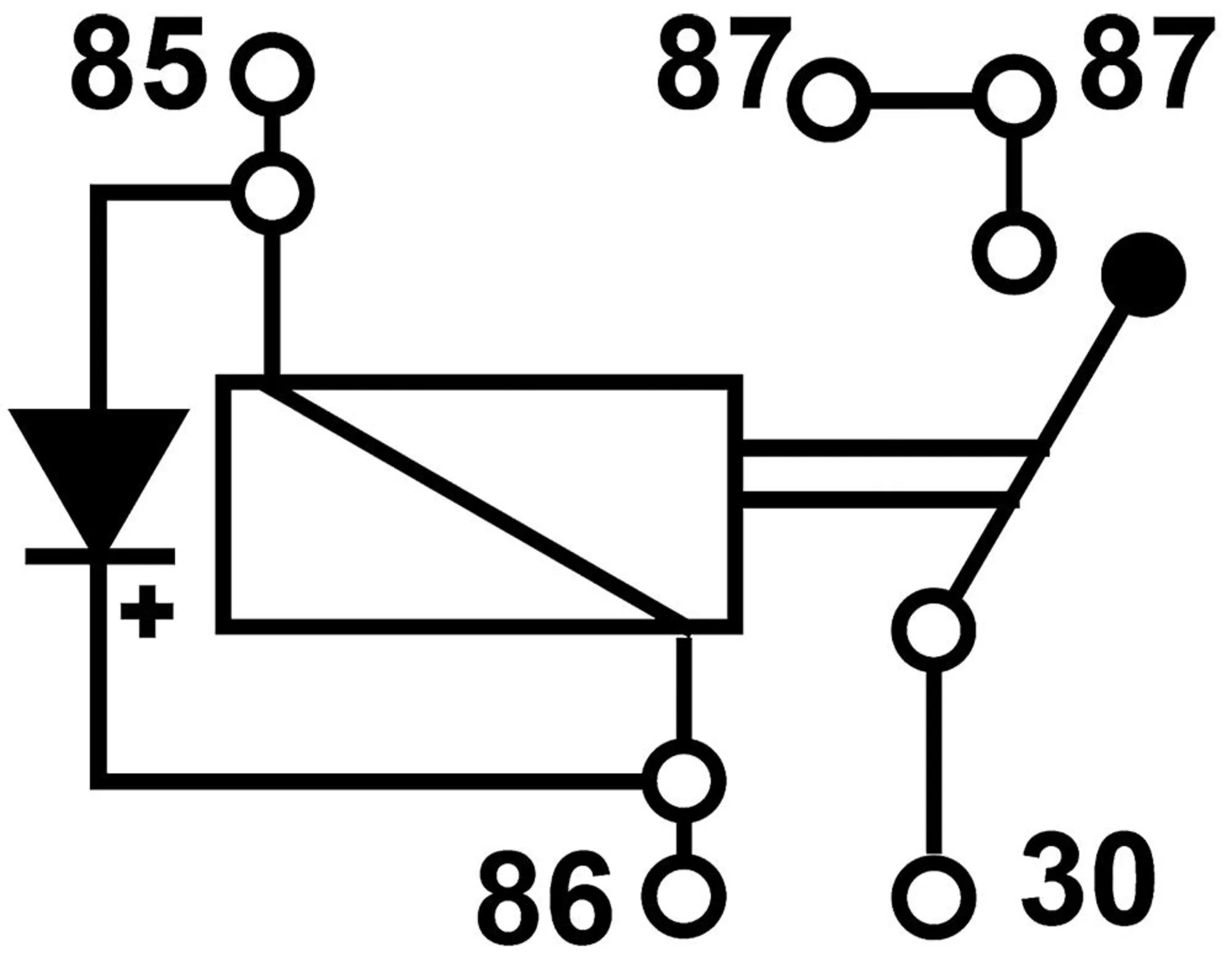 Mini-Relais 12V 30A, 30 seitlich, 2x87, mit Diode 0 - 1 / 12V 30A / Kontakt 30 seitlich Mini-Relais 12V 30A, 30 seitlich, 2x87, mit Diode 0 - 1 / 12V 30A / Kontakt 30 seitlich
