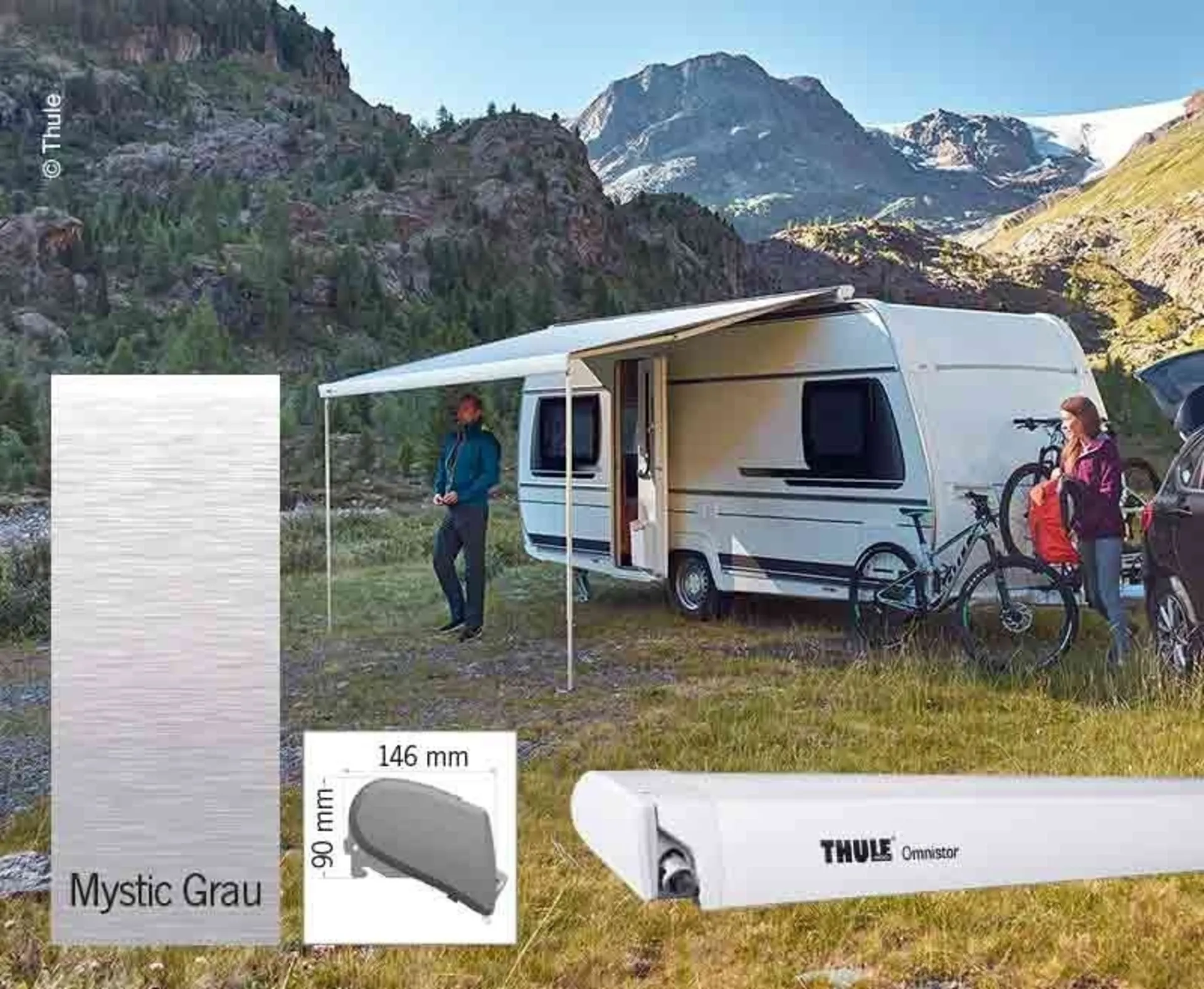 Store de toit Thule Omnistor 6300 Couleur du boîtier blanc Couleur de la toile Mystic Grey 5 m