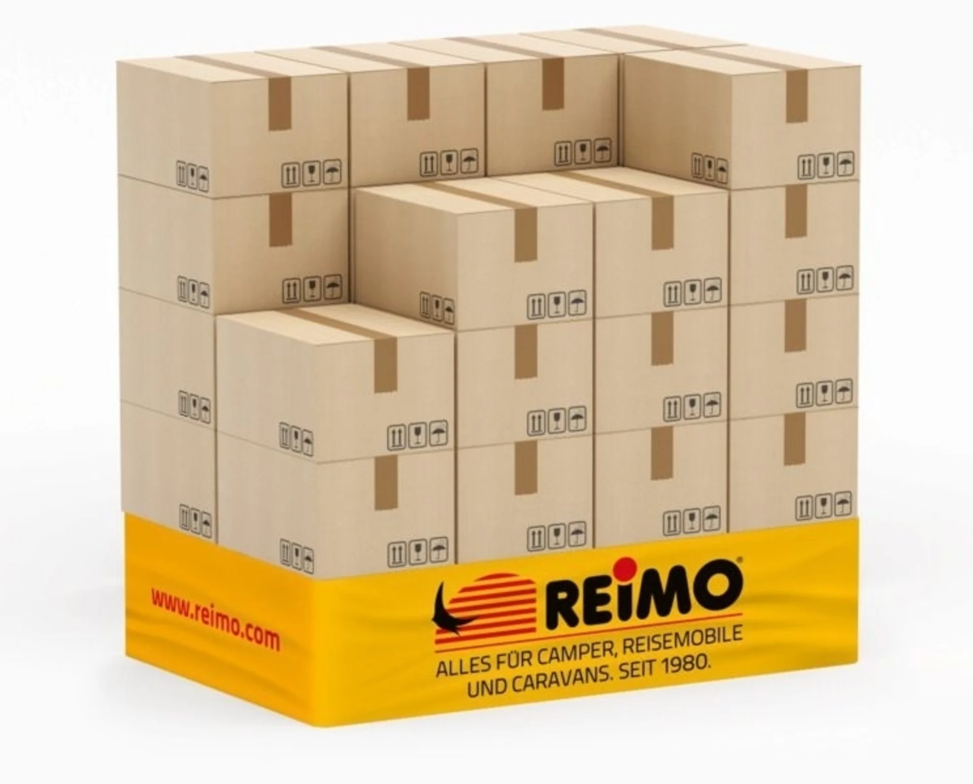 Palettenbanderole mit Reimo-Logo für 2 Europaletten Höhe, 4-farbig bedruckt (1 Seite Reimo Logo in Deutsch, 1 Seite Reimo Logo in Englisch)