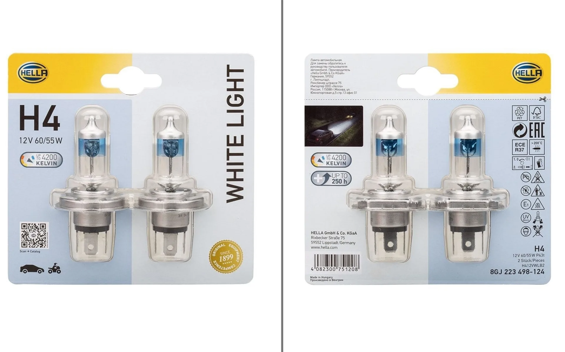 Hella P43t White Light H4 ampoule principale / longue distance