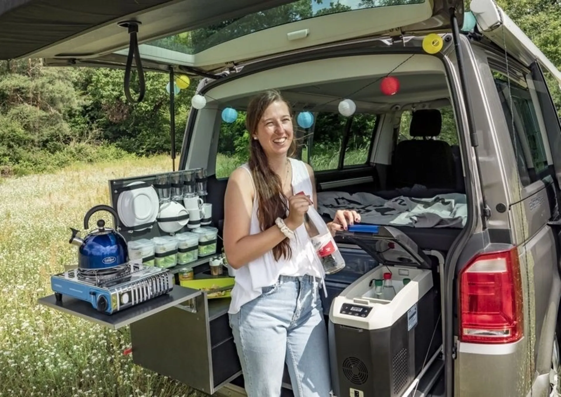 CampingBox für VW T6.1/T6/T5 Multivan und California Beach mit 3er-Originalsitzbank