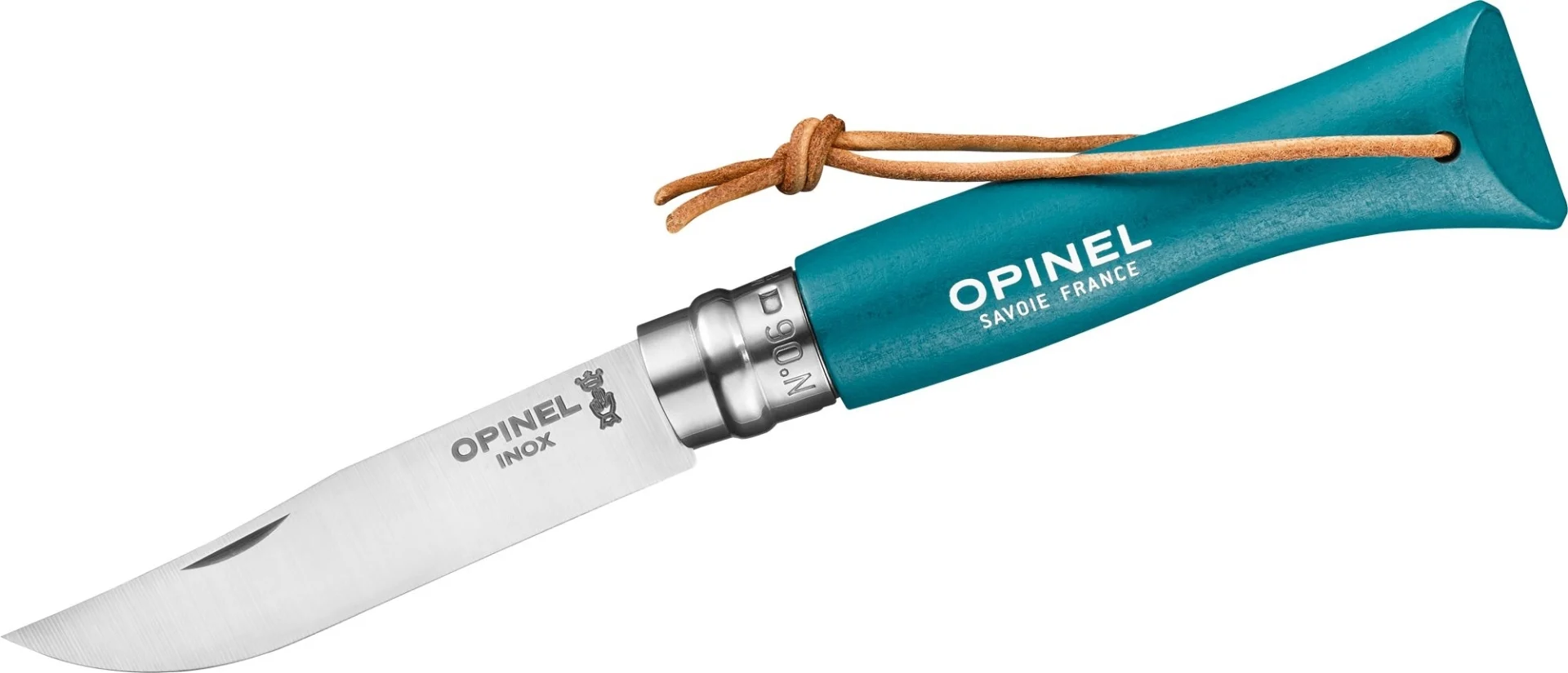 Couteau de poche Opinel N°06 Colorama Art Déco avec cordon en cuir, longueur de lame 7 cm, turquoise