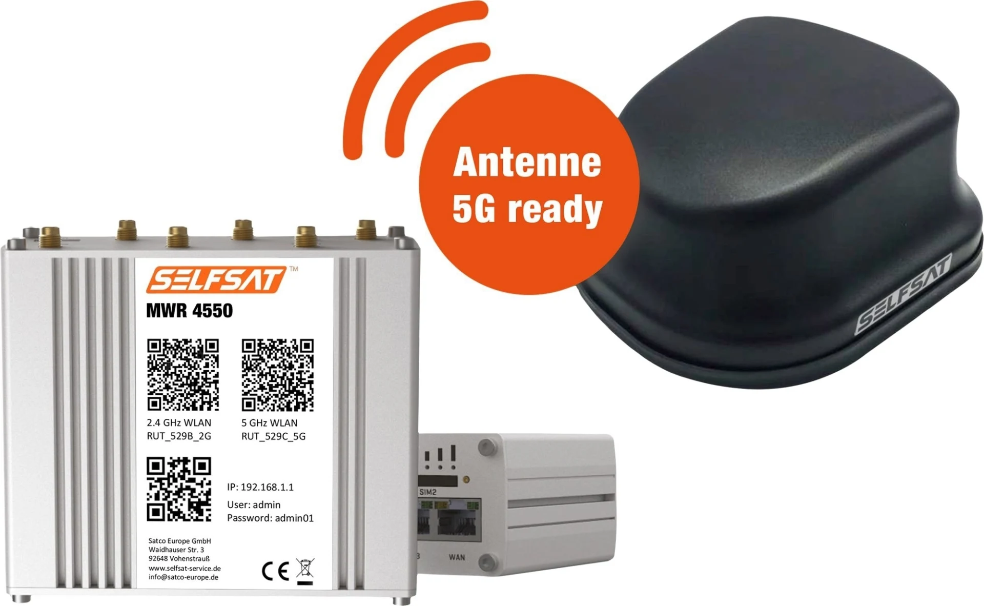 SELFSAT MWR 4550 ( Kit complet routeur Internet 4G / LTE & WLAN jusqu'à 300 Mbps y compris antenne de toit 4G / 5G ready)