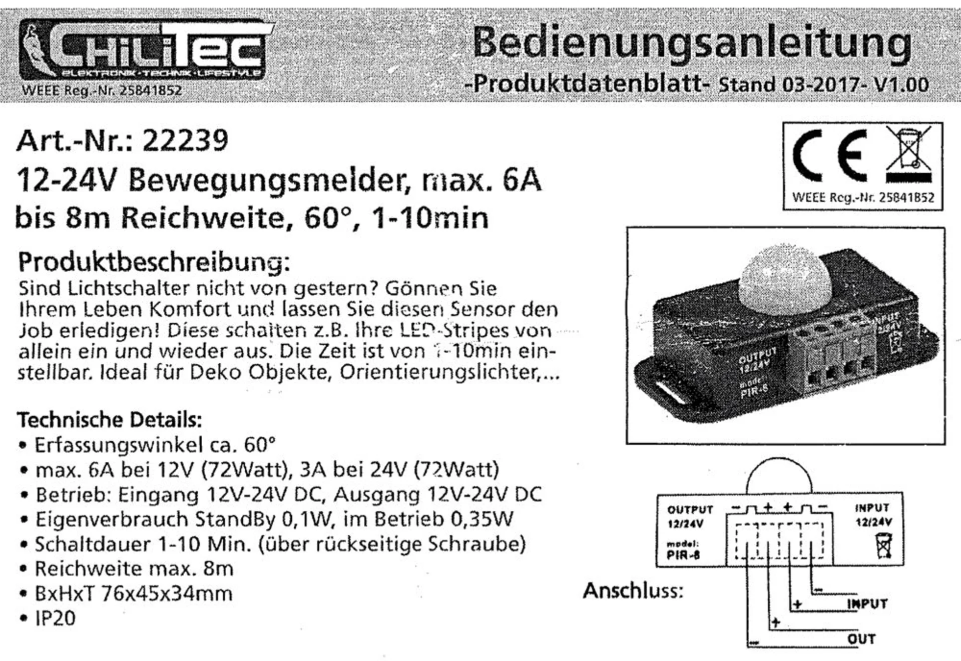 Bewegungssensor mit PIR-Sensor 12/24 V