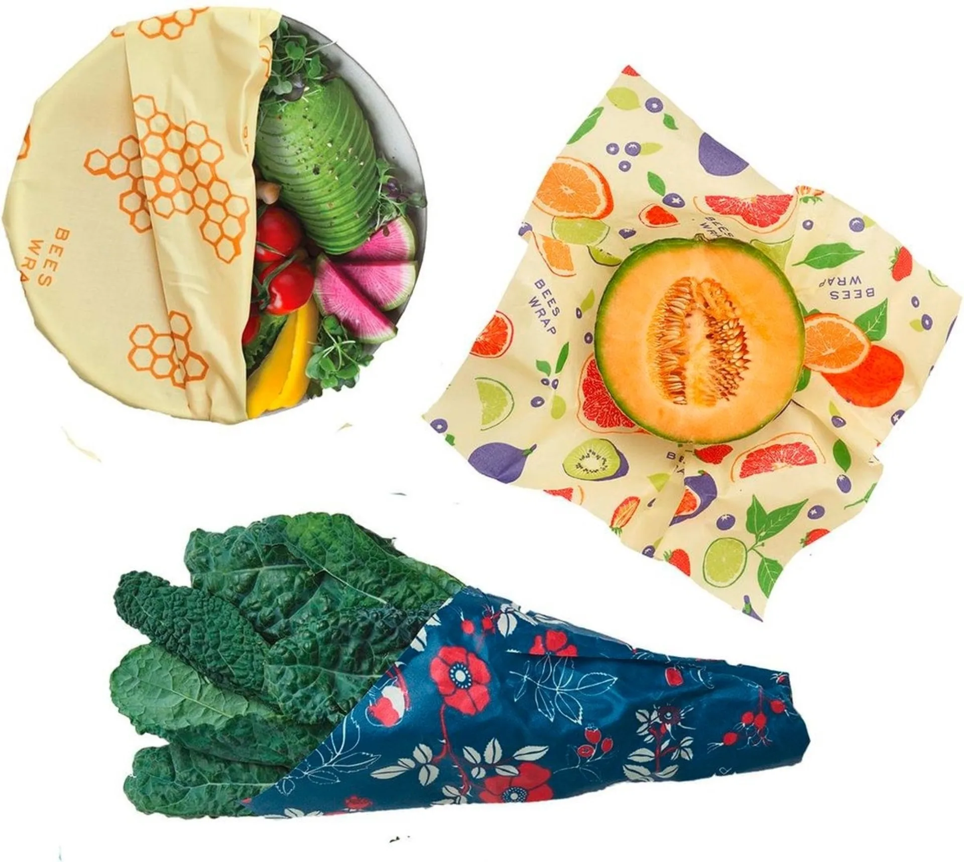 Bees Wrap - Lot de 3 feuilles de cire d'abeille, taille moyenne, motifs variés, 25 x 27,5 cm Bees Wrap - Lot de 3 feuilles de cire d'abeille, taille moyenne, motifs variés, 25 x 27,5 cm