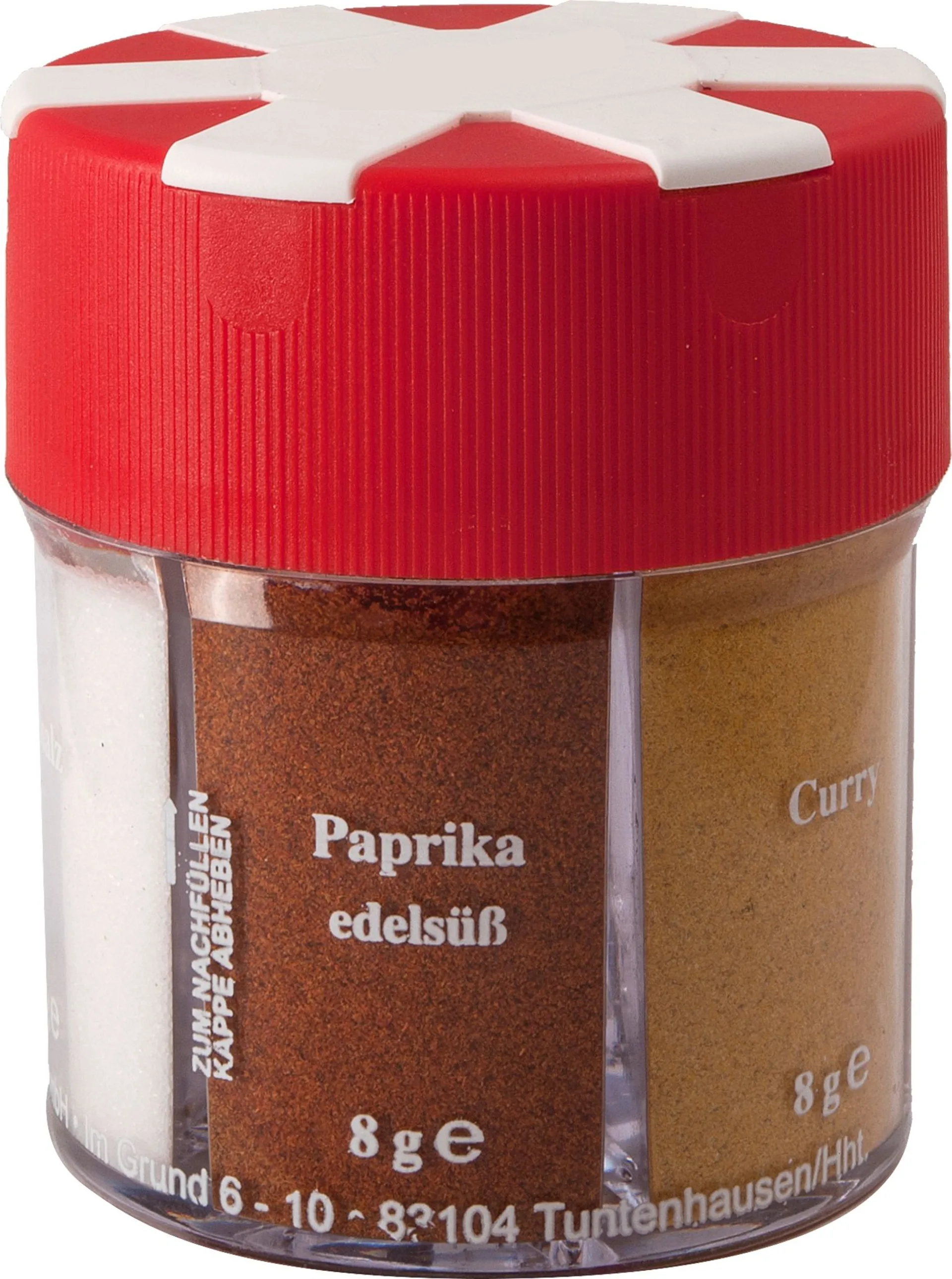 BasicNature Gewürzstreuer 6 in 1 mit Salz / Pfeffer weiß / Pfeffer schwarz / Paprika / Curry / Knoblauch