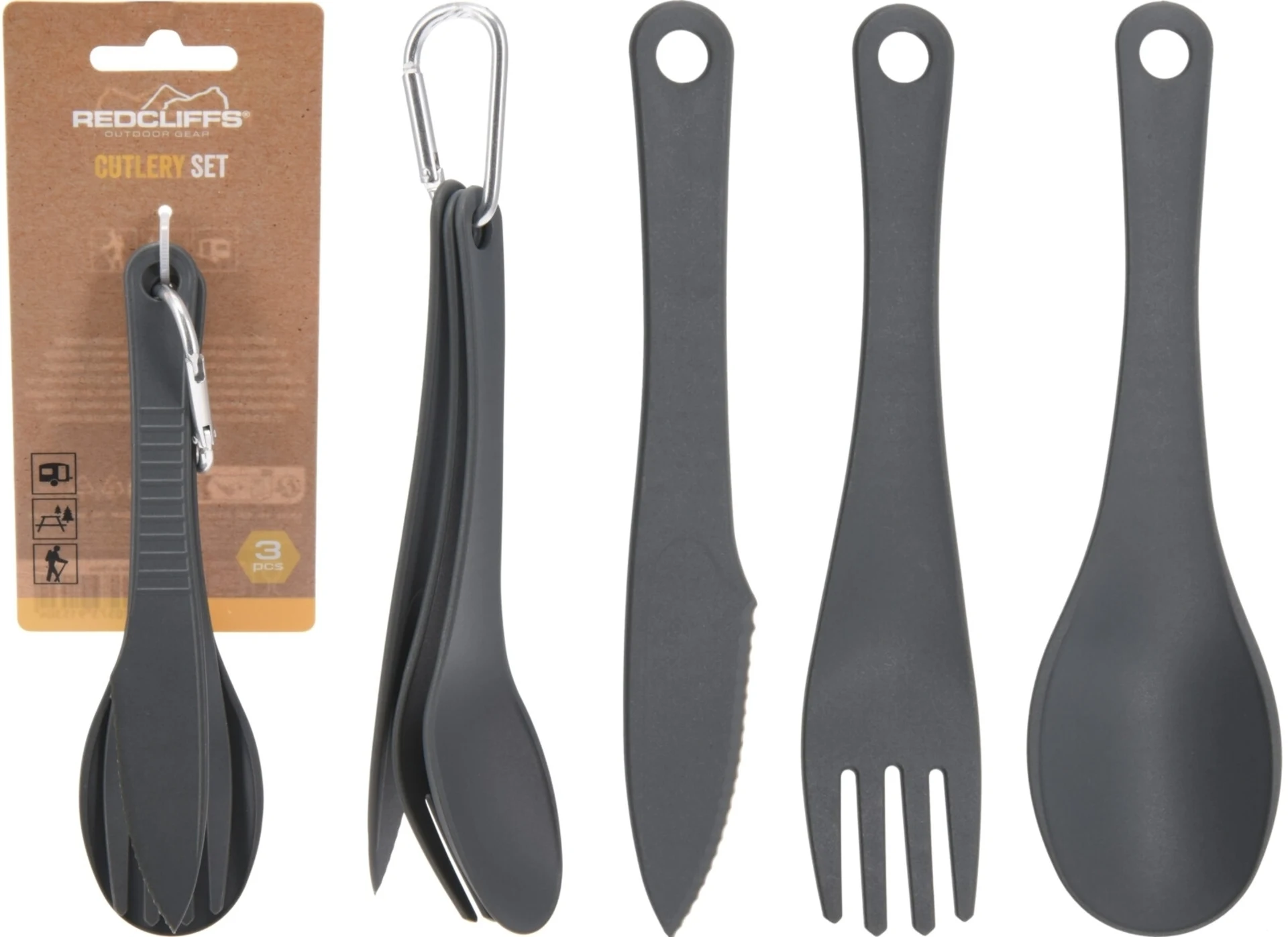 Besteckset 3-tlg. mit Haken - grau