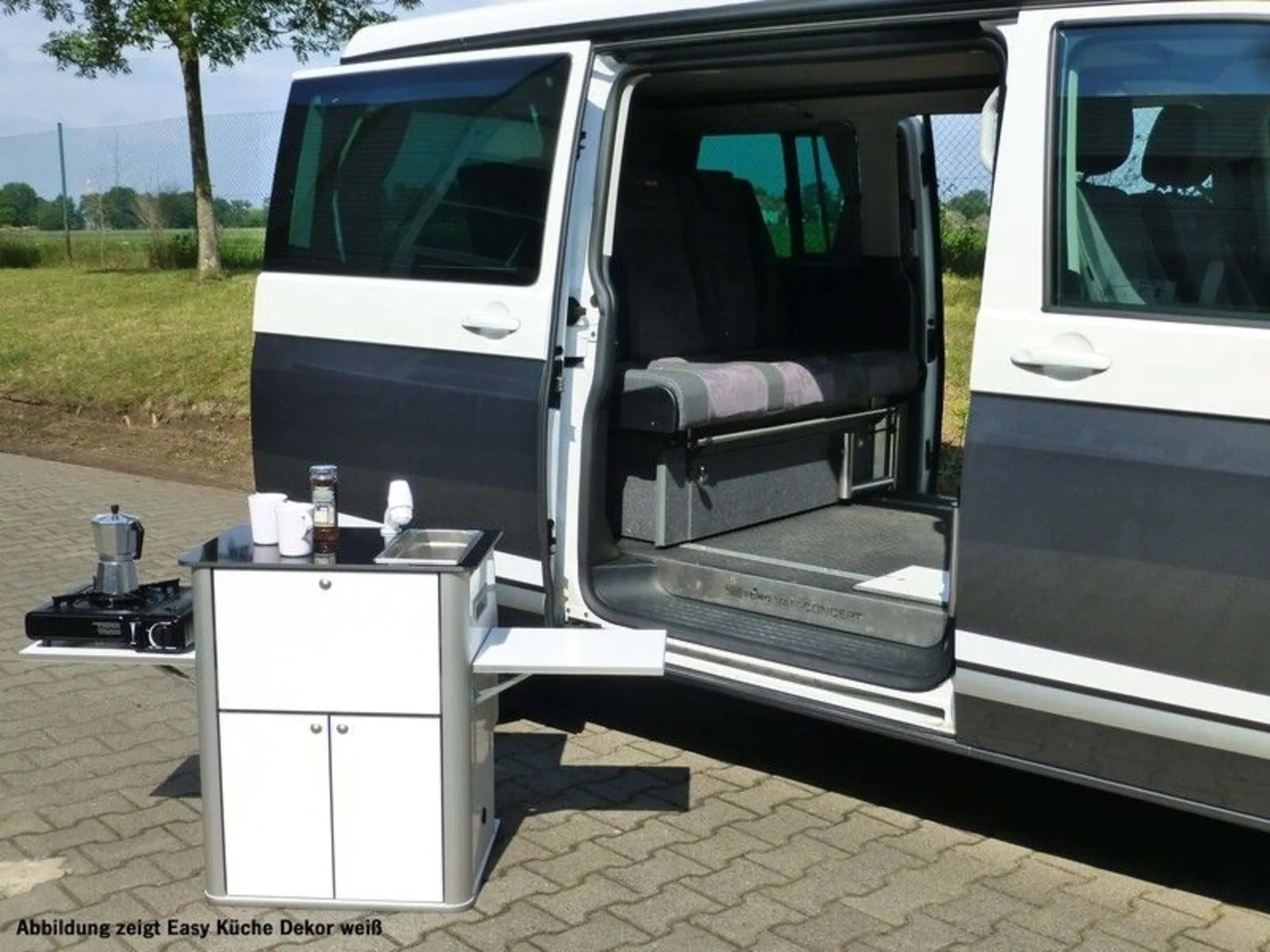 EASY-KÜCHE - Multifunktionales Küchenteil für Volkswagen T6/T5 Kombi und Mercedes Vito lang Kombi in Mattschwarz (Montage rechts)