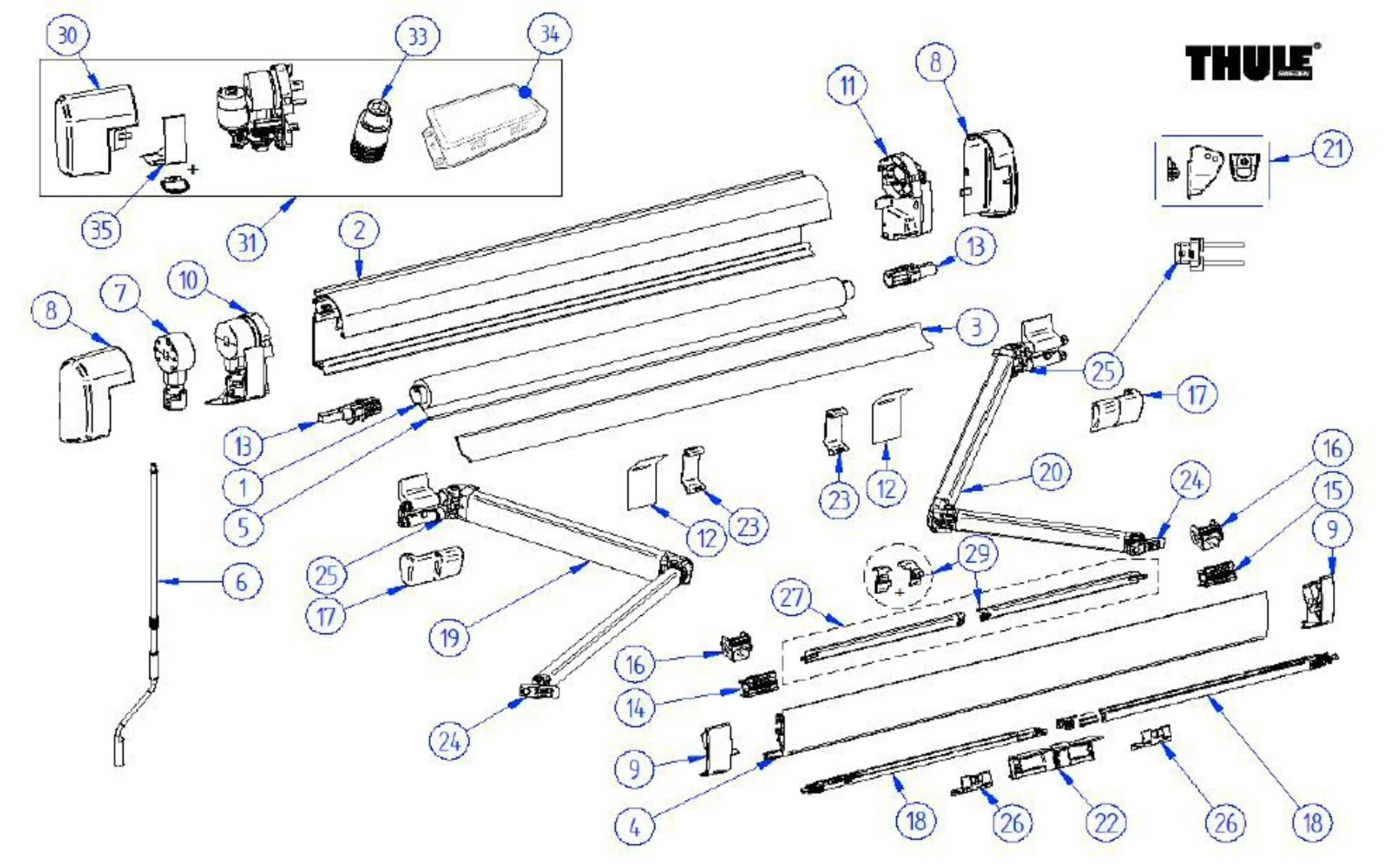 Thule Endkappen Frontblende Set 2-teilig links und rechts für Markise Omnistor 5200 - Farbe Eloxiert Thule Ersatzteilnummer 1500603069