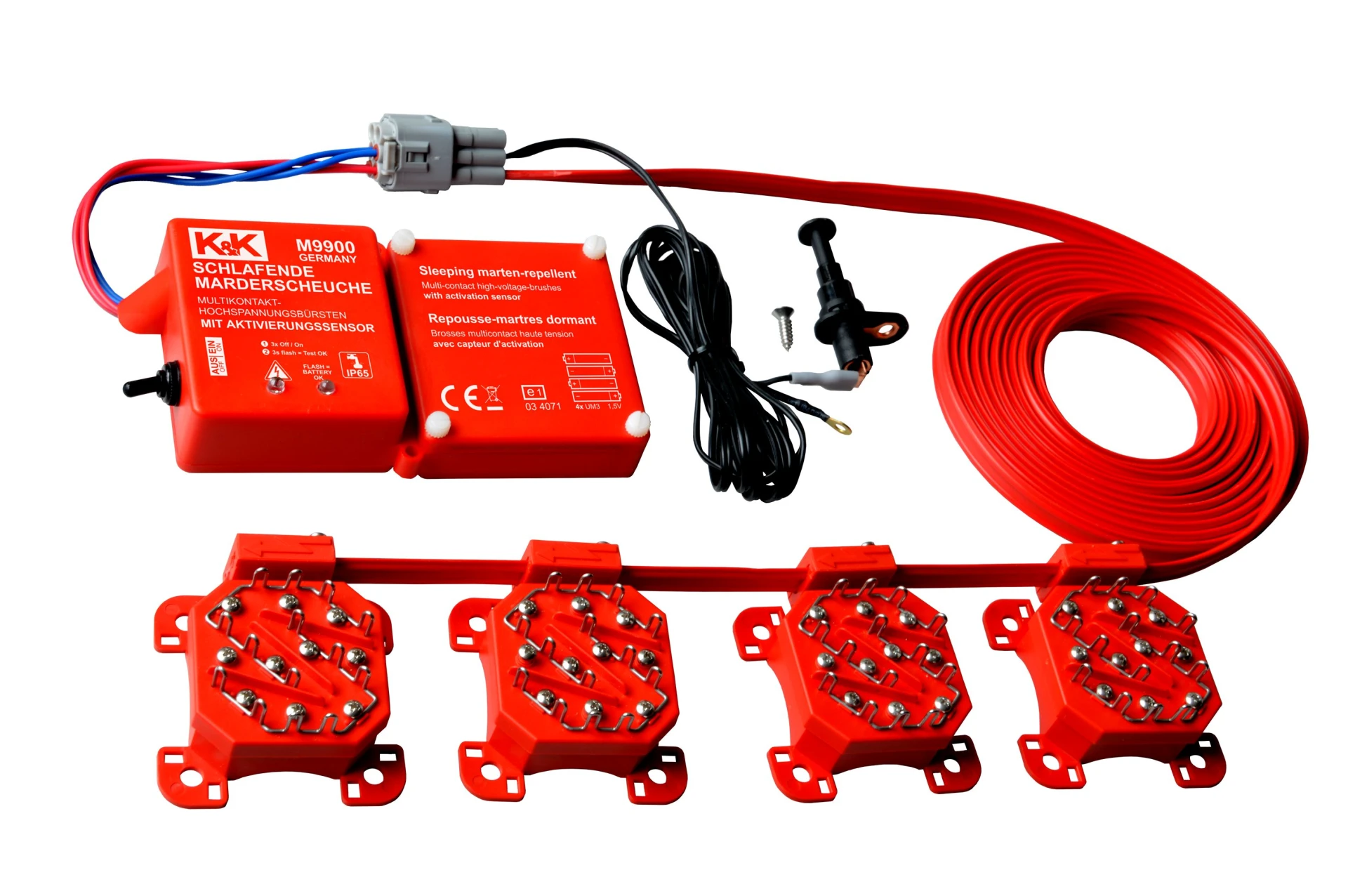 K&K Hochspannung Marderschutz mit Sensorbürsten1 Wasserdicht IP65, Schlafmodus, Batterie 4 x AA, > 250 V