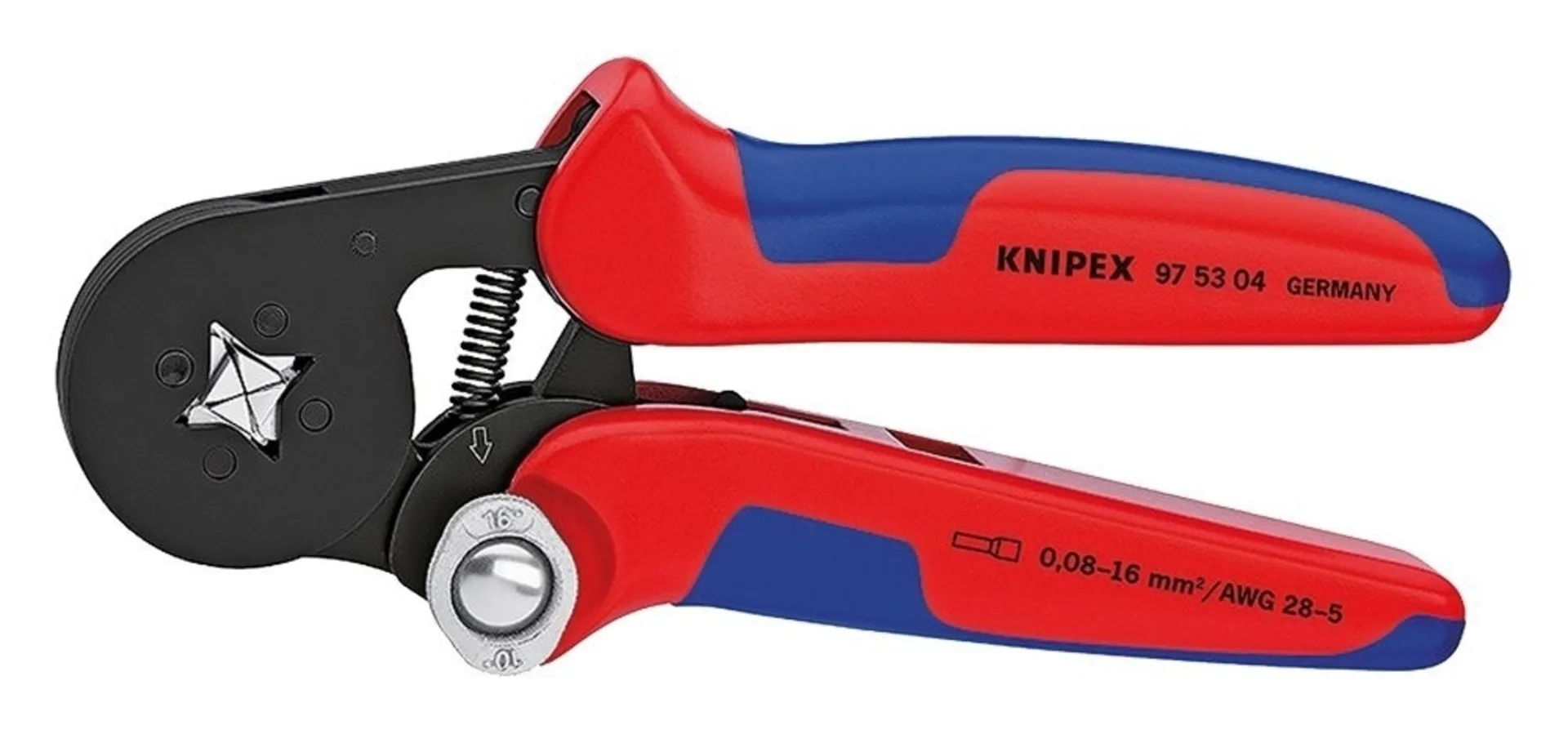 Knipex Presszange für Aderendhülsen 0.08 - 16.0 mm2 (Twin bis 2 x 4.0 mm2), selbsteinstellend, Einführung der Aderendhülse von der Seite