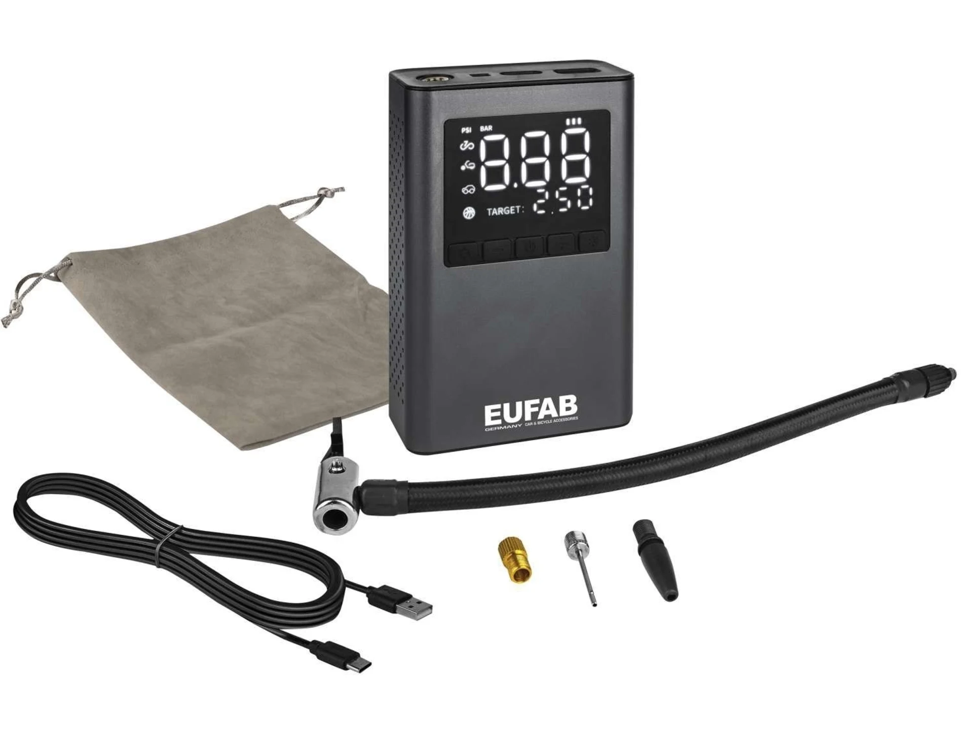 Eufab batteriebetriebener Mini Kompressor mit integrierter Powerbank 800 mAh
