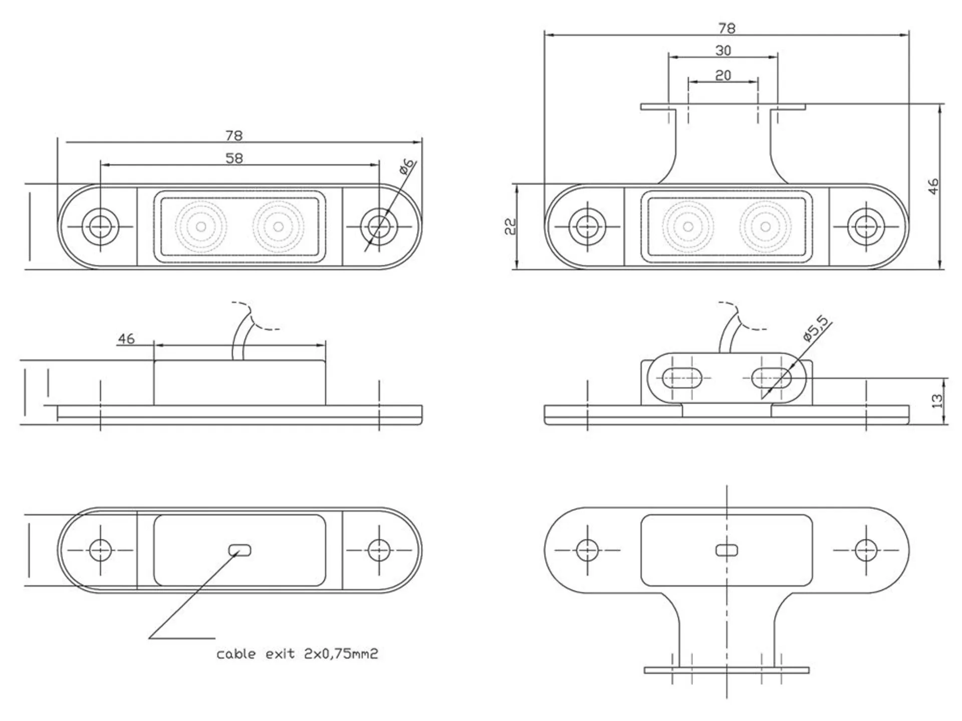 LED-Seitenmarkierleuchte gelb 12/24V 78x22mm, fit to Hella 2PS959788002, DC