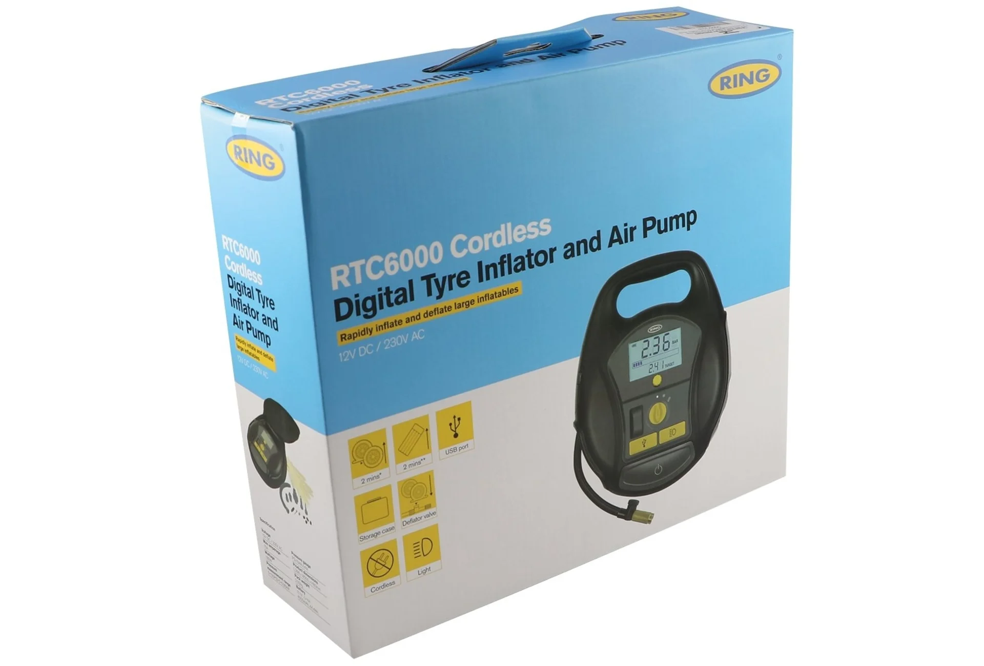 Ring: digitale 50mm Akku-Reifenpumpe 12 V, 15 A, 180 W Ohne Kabel mit Akku, Füllzeit: 2 min Ring: digitale 50mm Akku-Reifenpumpe 12 V, 15 A, 180 W Ohne Kabel mit Akku, Füllzeit: 2 min