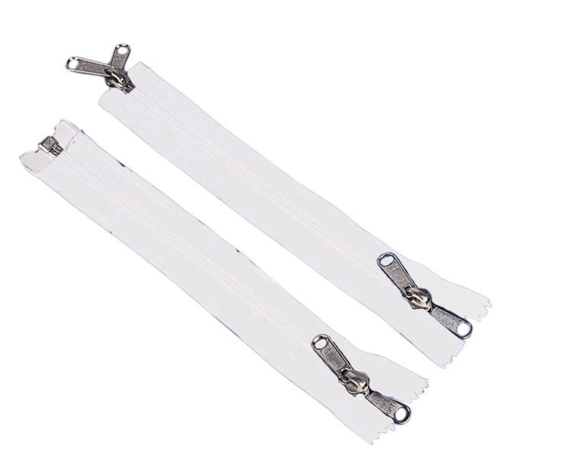 Weisser Zeltreissverschluss mit Doppelgriffschieber, 260cm lang und 10mm Kunststoff-Reissverschluss mit Metall-Schieber