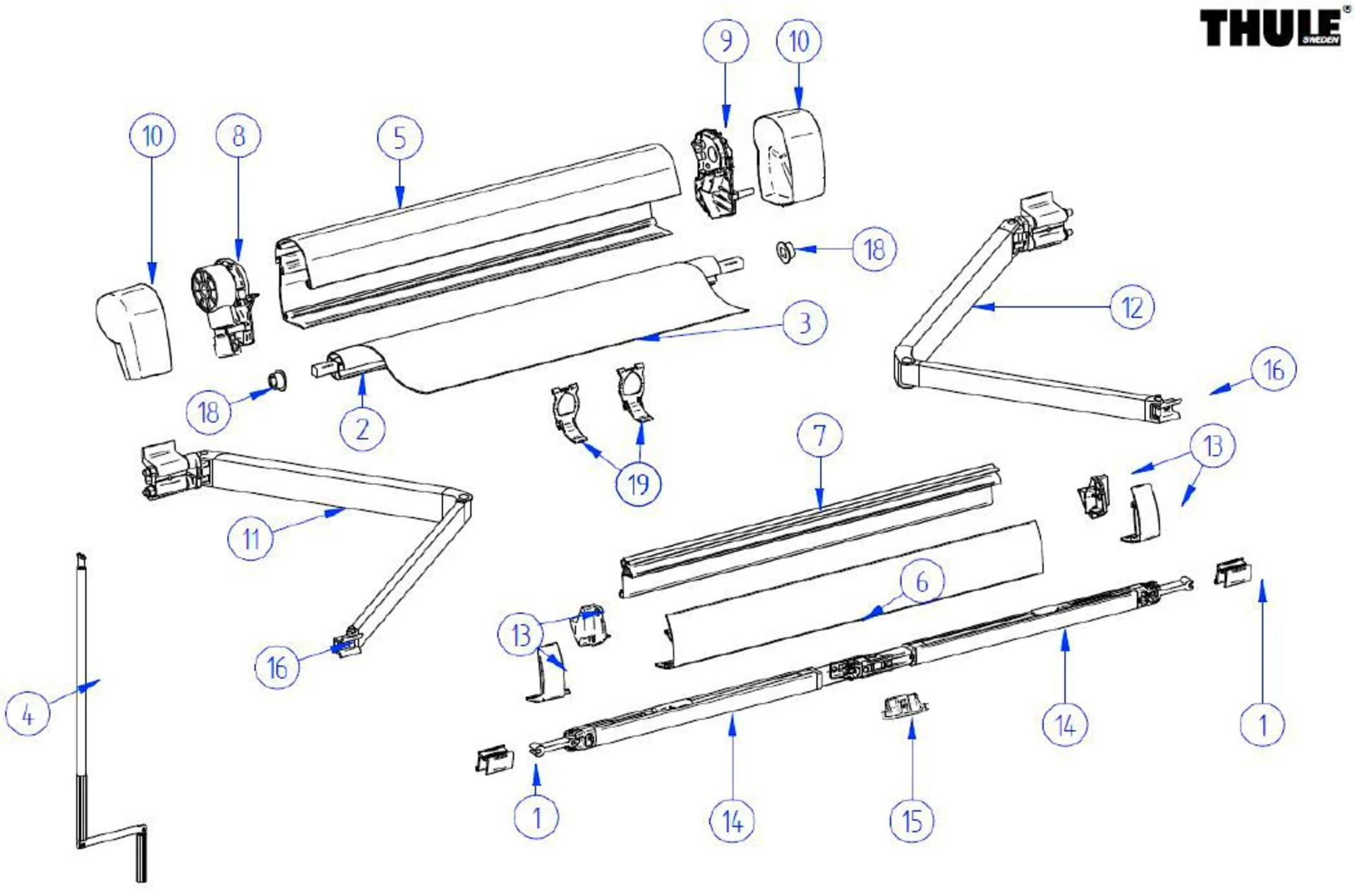 Bras articulé gauche Thule pour store Omnistor 5102 / VW 2,6 mètres - Numéro de pièce Thule 1500602103
