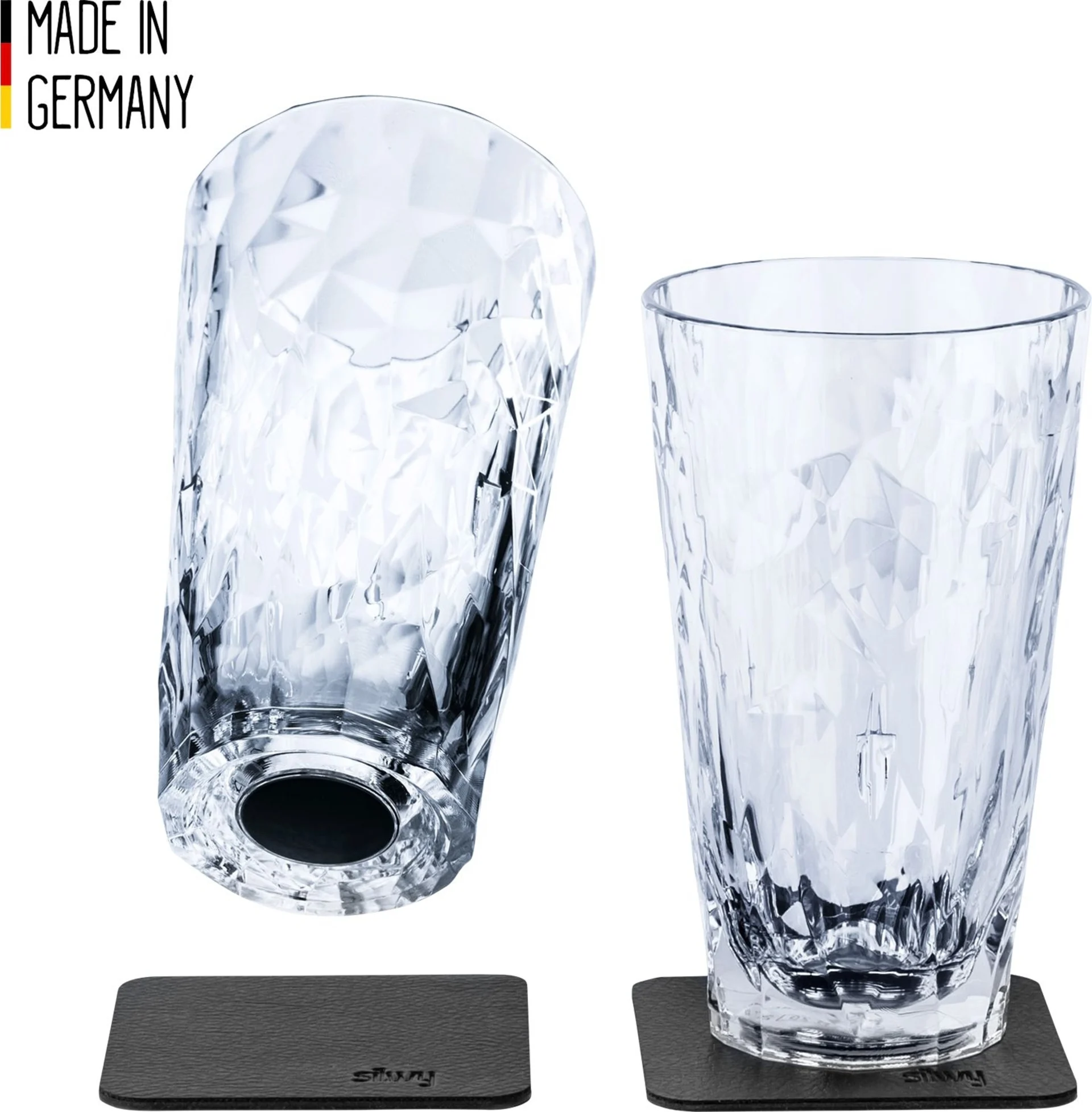 silwy® Magnet-Longdrink-Kunststoffgläser Transparent inkl. metallischem Gel-Untersetzer 2 Stk. (300 ml)