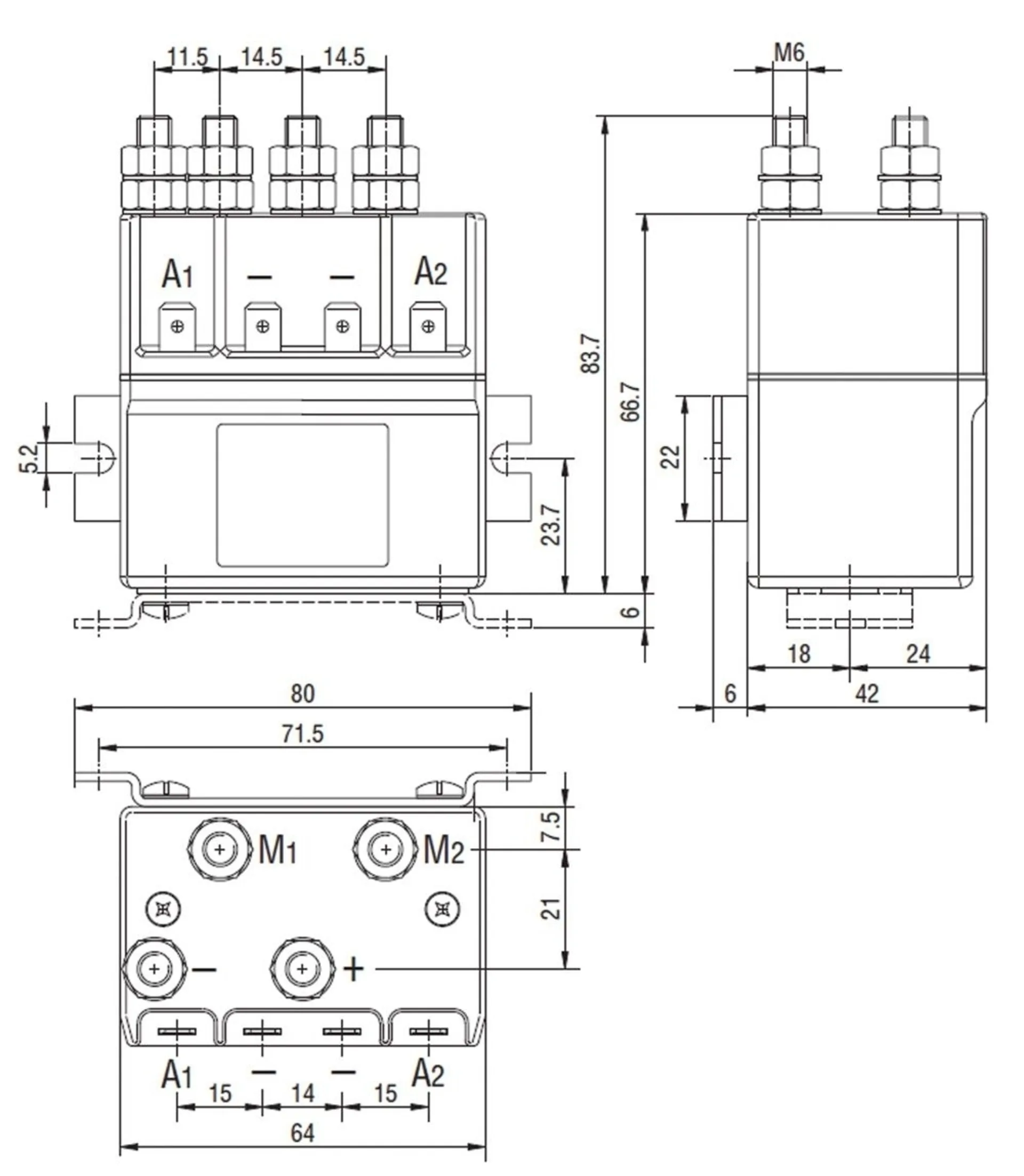 Polumkehrrelais 24V 100A 70A Dauerbelastung, 4 x M6, IP54