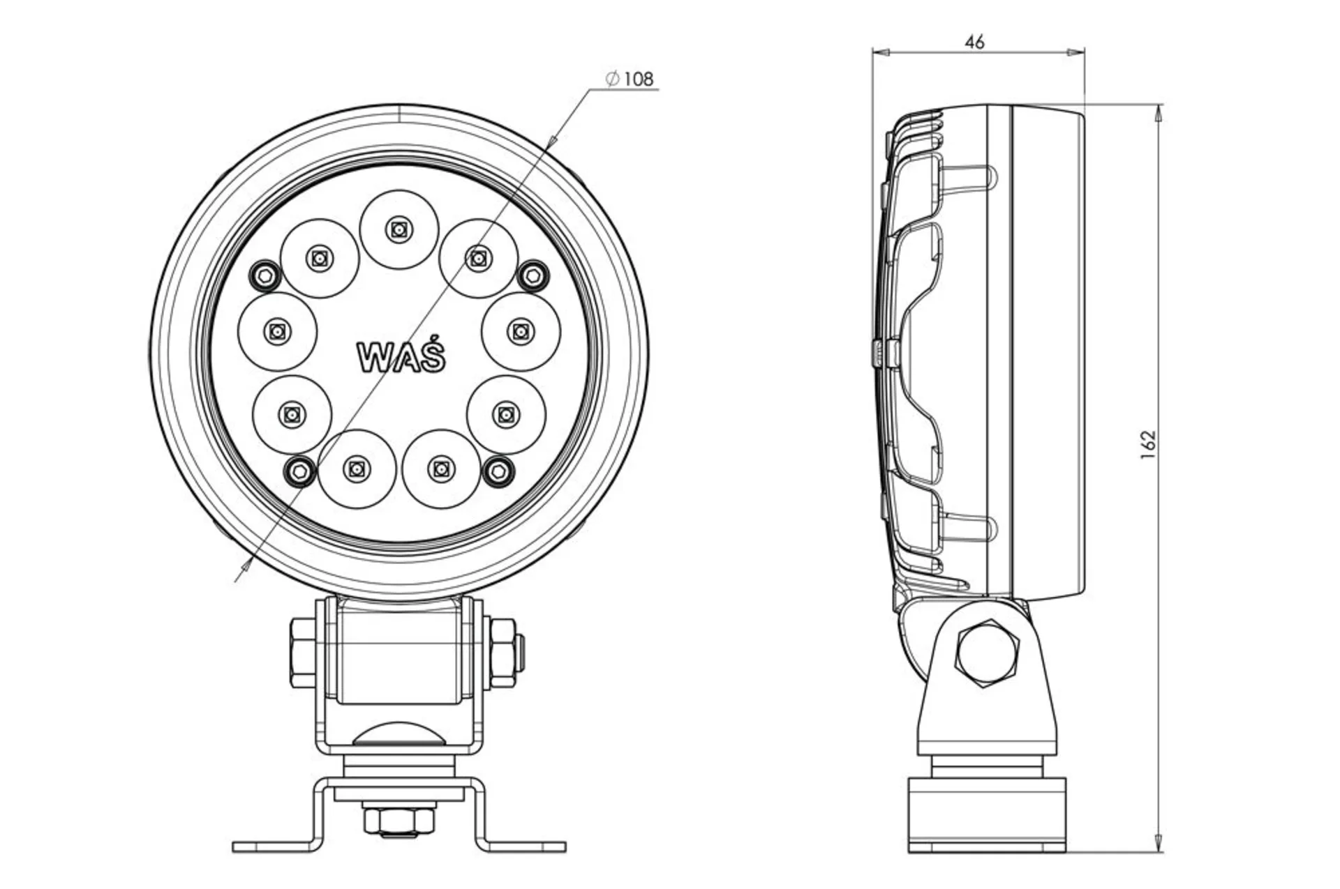 WAS - LED-Arbeitsscheinw. 4’000 lm, Flutlicht ø 108 x 46 mm, 4’000 Lumen, IP68, 12 - 70 V, 36 W