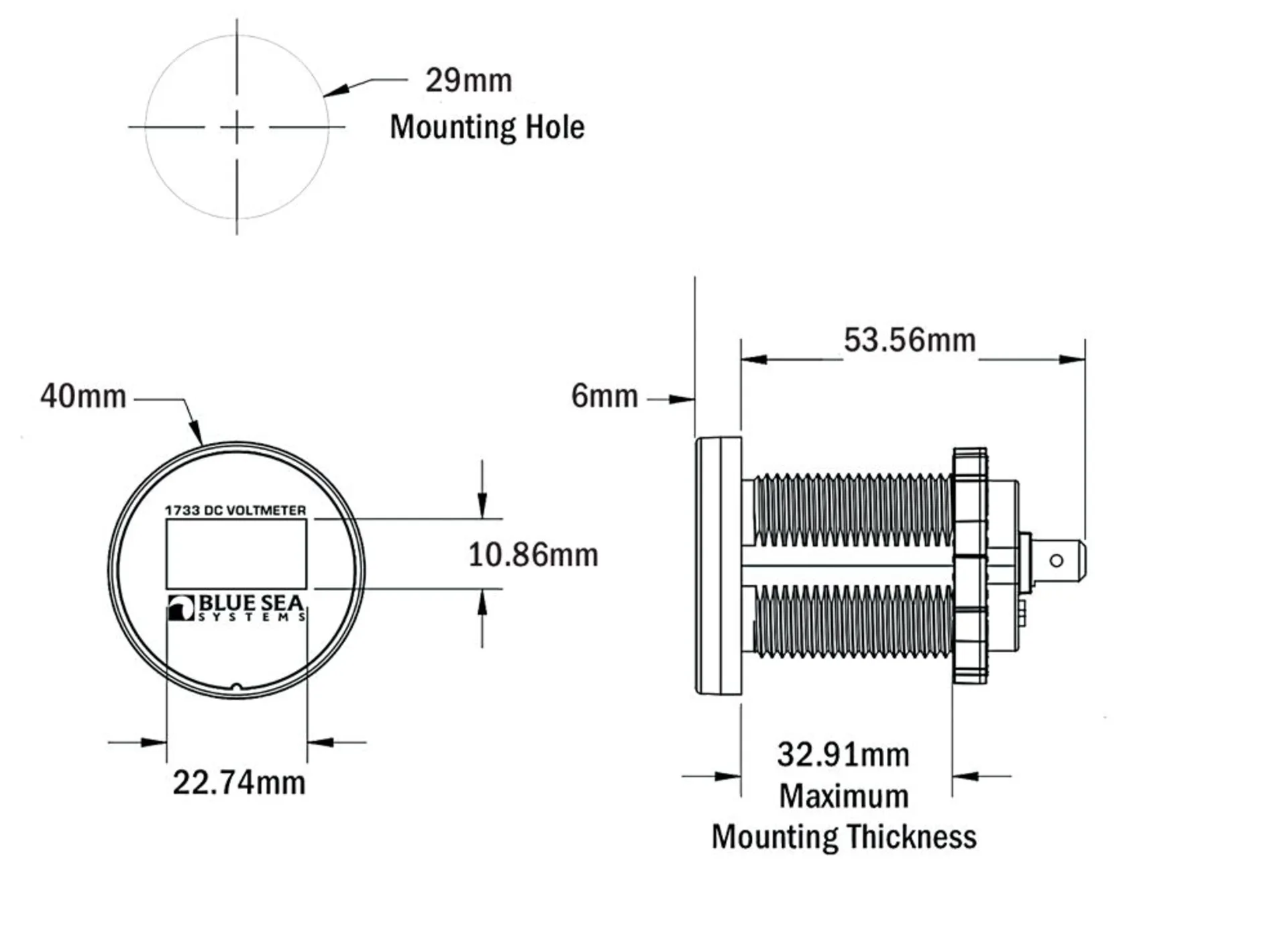 BlueSea - Voltmeter 8-36 VDC ø 40 x 60mm, Anzeige der Batteriespannung