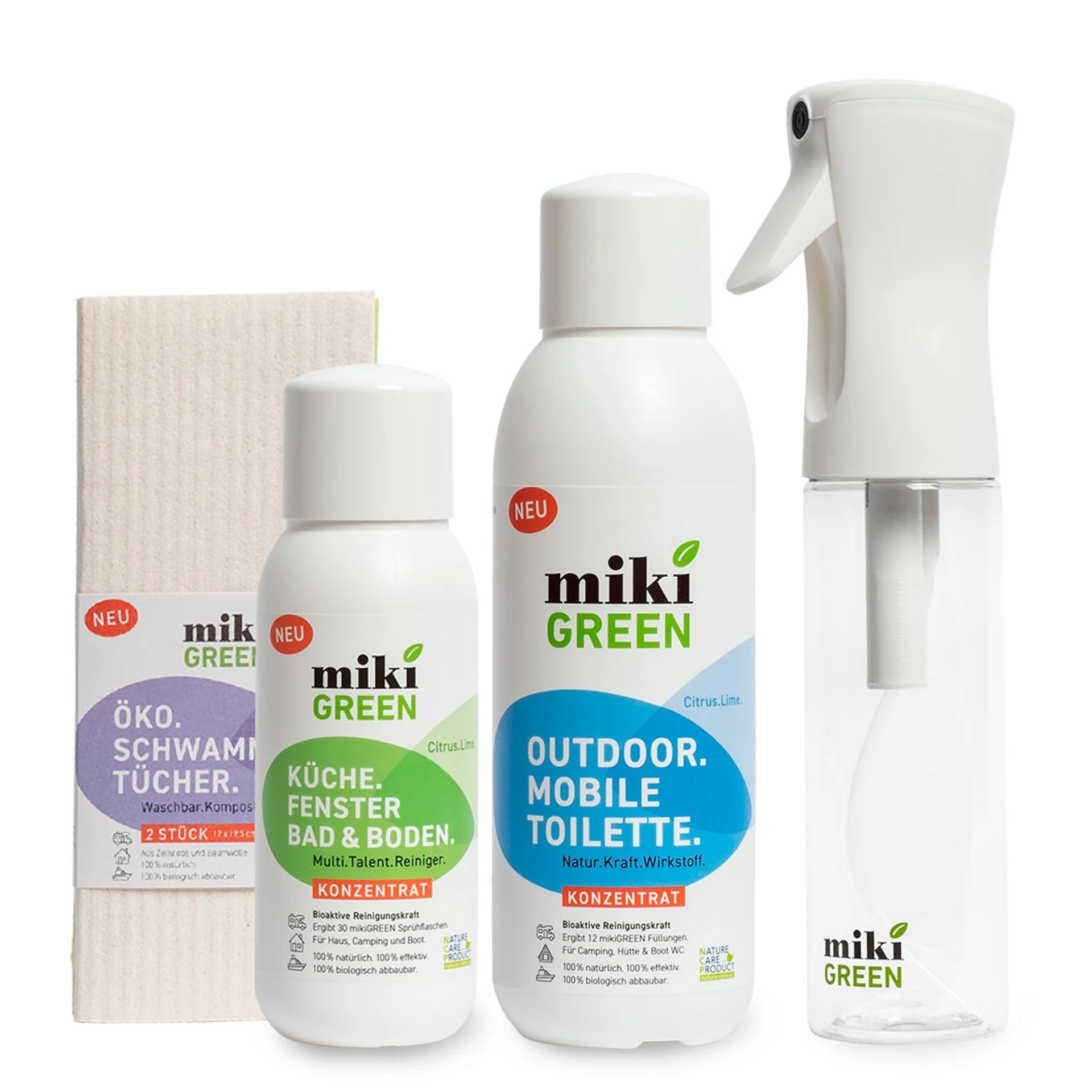 Kit de démarrage de camping mikiGREEN, 4 pièces (nettoyant pour les toilettes, nettoyant pour la cuisine, éponges et vaporisateur)