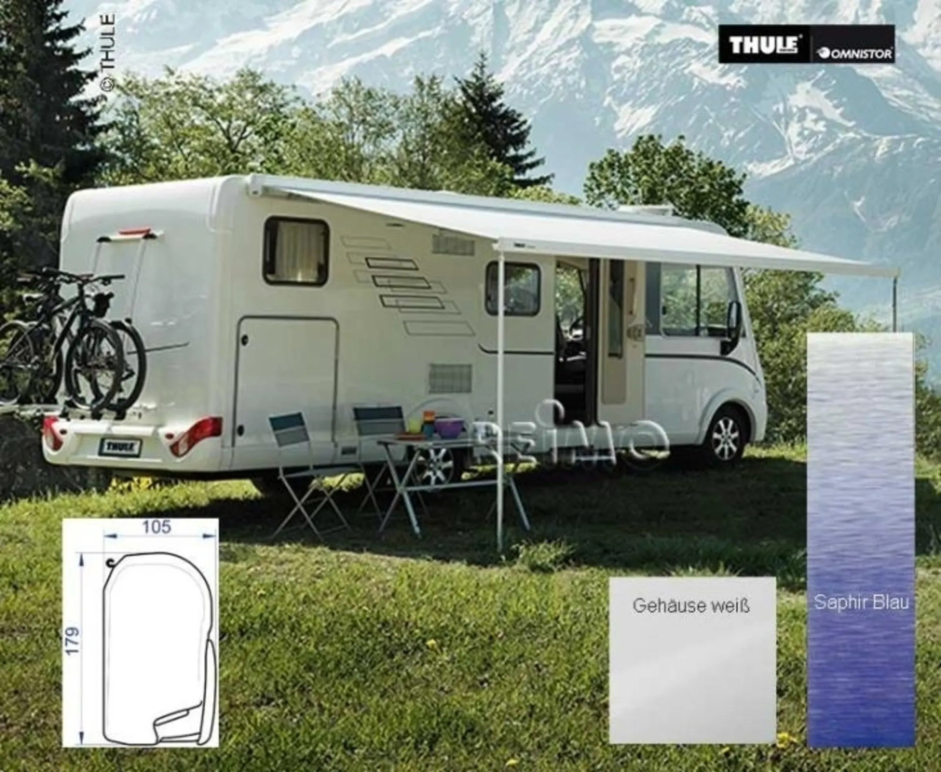 Store mural Thule 8000, 5,0 m, bleu saphir, boîtier blanc