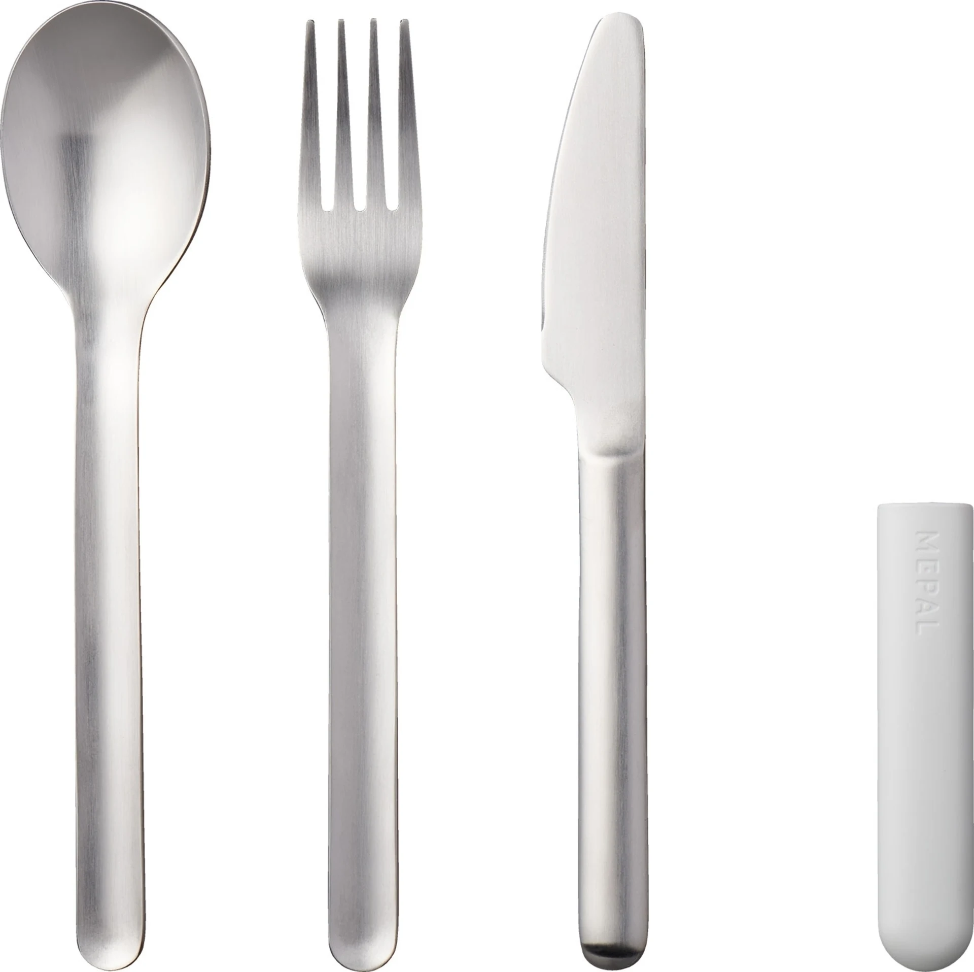 Set de couverts Mepal Bloom en acier inoxydable avec étui en plastique, 3 pièces, Pebble White Set de couverts Mepal Bloom en acier inoxydable avec étui en plastique, 3 pièces, Pebble White