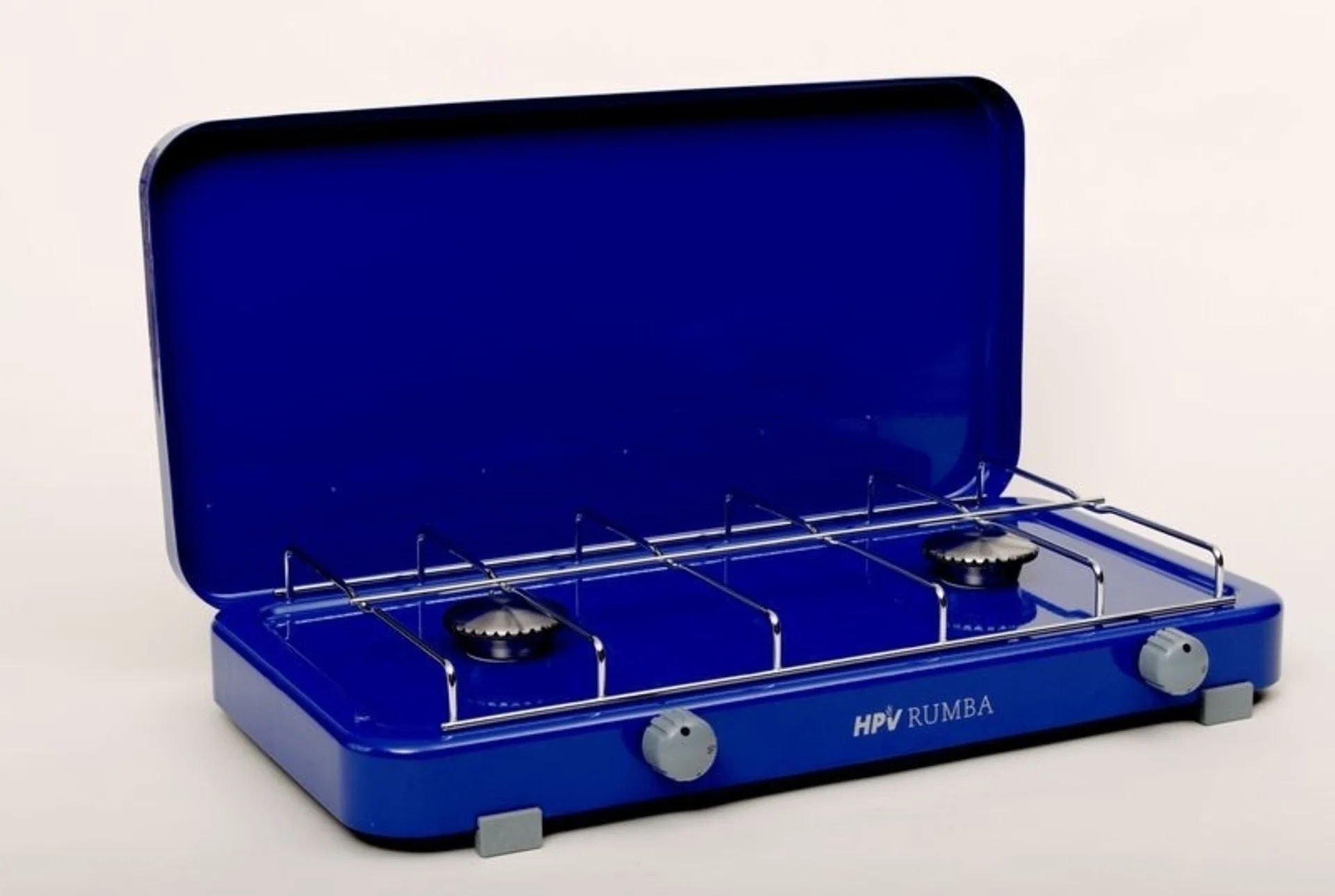 Réchaud de camping Rumba avec allumage piézoélectrique et 2 flammes, bleu, 50mbar - Made in Germany