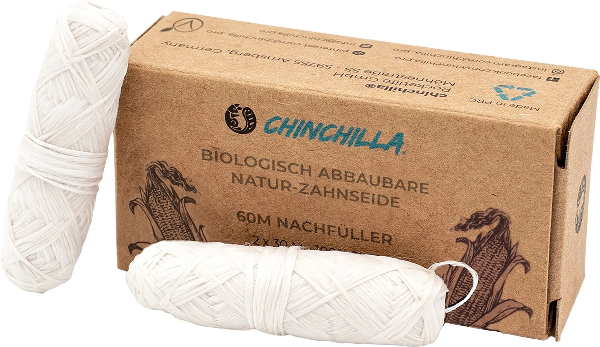 Recharge de fil dentaire vegan Chinchilla, sans plastique, 2 x 30 mètres Recharge de fil dentaire vegan Chinchilla, sans plastique, 2 x 30 mètres