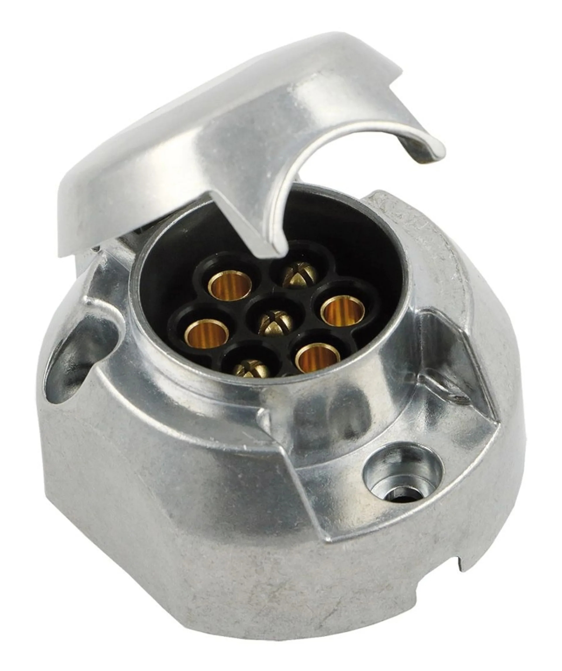 Anhängersteckdose 7-pol. Metall 3-Fuss Schraubanschlüsse, Innenteil steht auf 3 Füssen