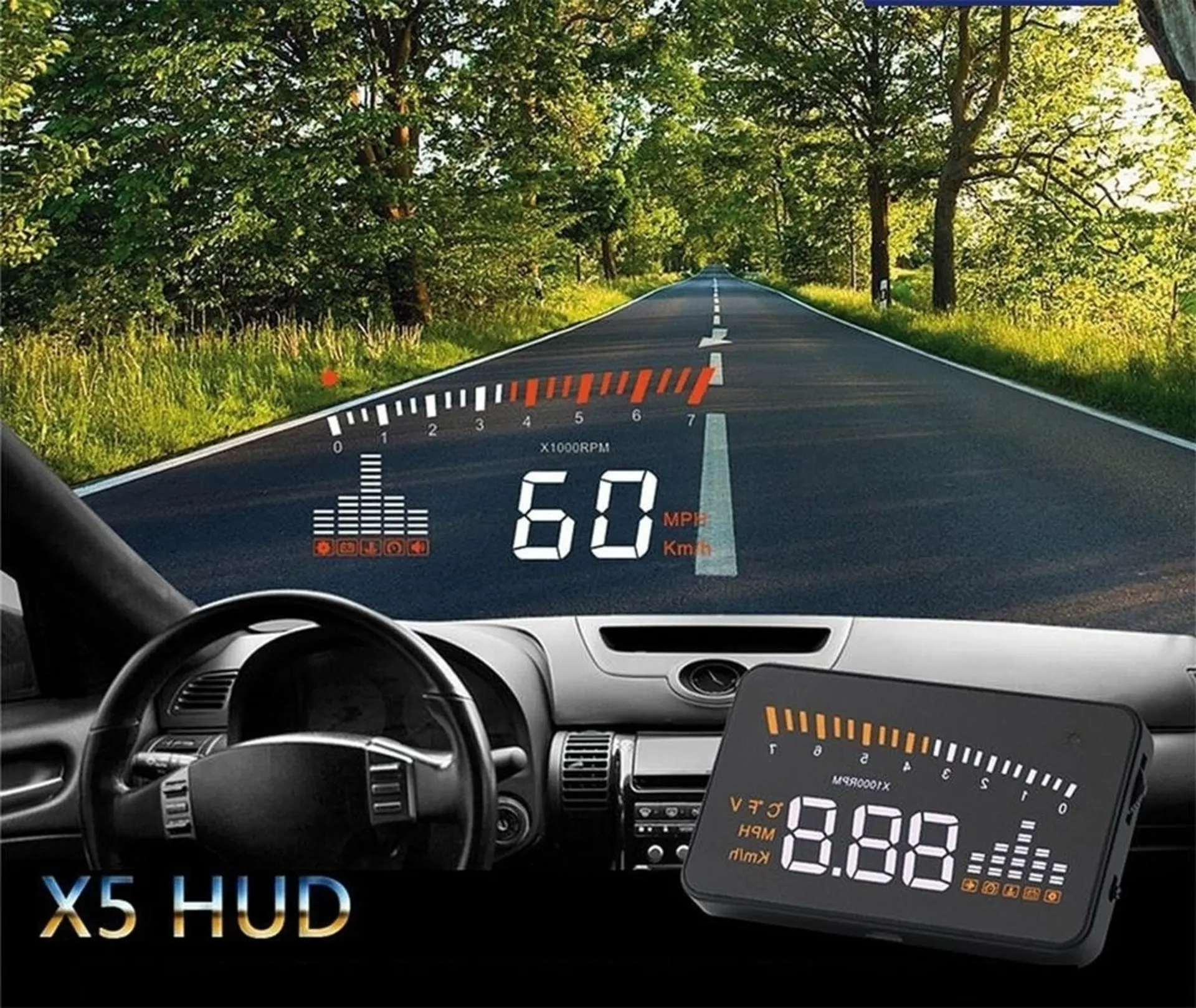 OBD2 Head-Up Display HUDX5 12V OBD2 taugliches HUD (Head-Up Display)