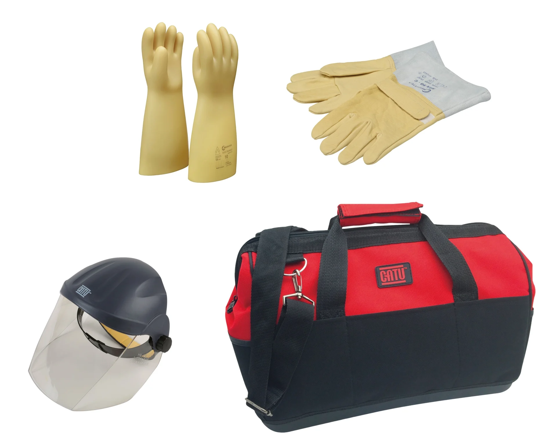 Personenschutzausrüstung Techniker Grundkit Gesichtsschutzhelm, EV-Schutzhandschuhe, Baumwoll-Unterziehhandschuhe, Leder-Überziehhandschuhe