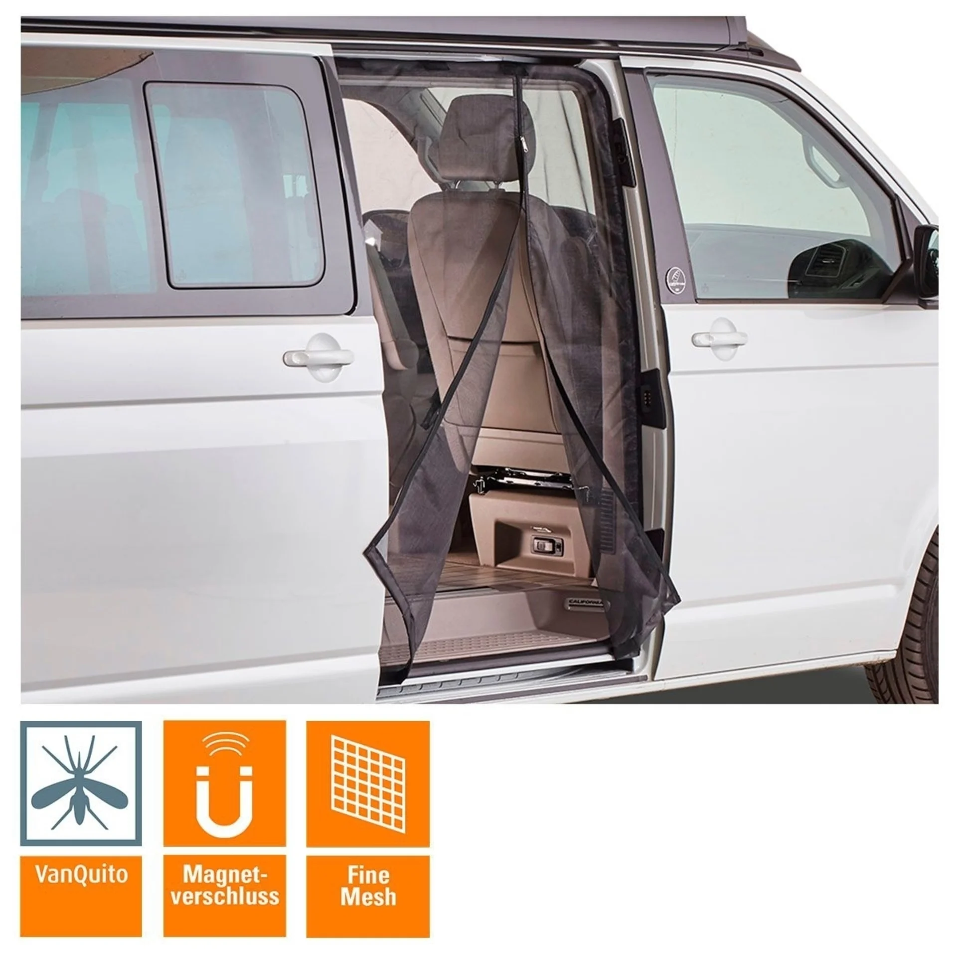 Moskitonetz VanQuito VW T5 / T6 mit Magnet-Reißverschluss Schiebetür feinmaschig