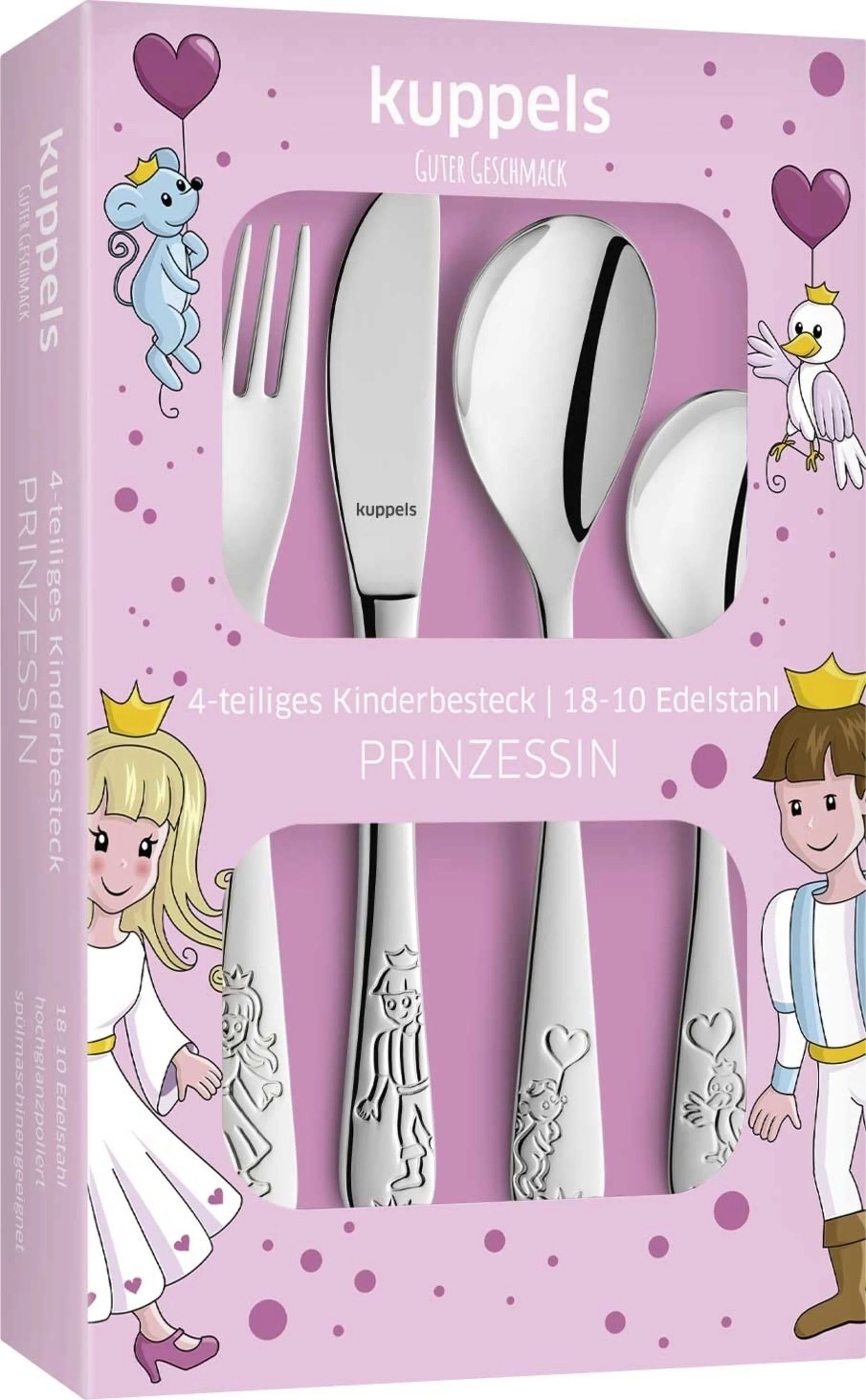 Kuppels Coffret de couverts pour enfants « Princesse » en acier inoxydable, 4 pièces.