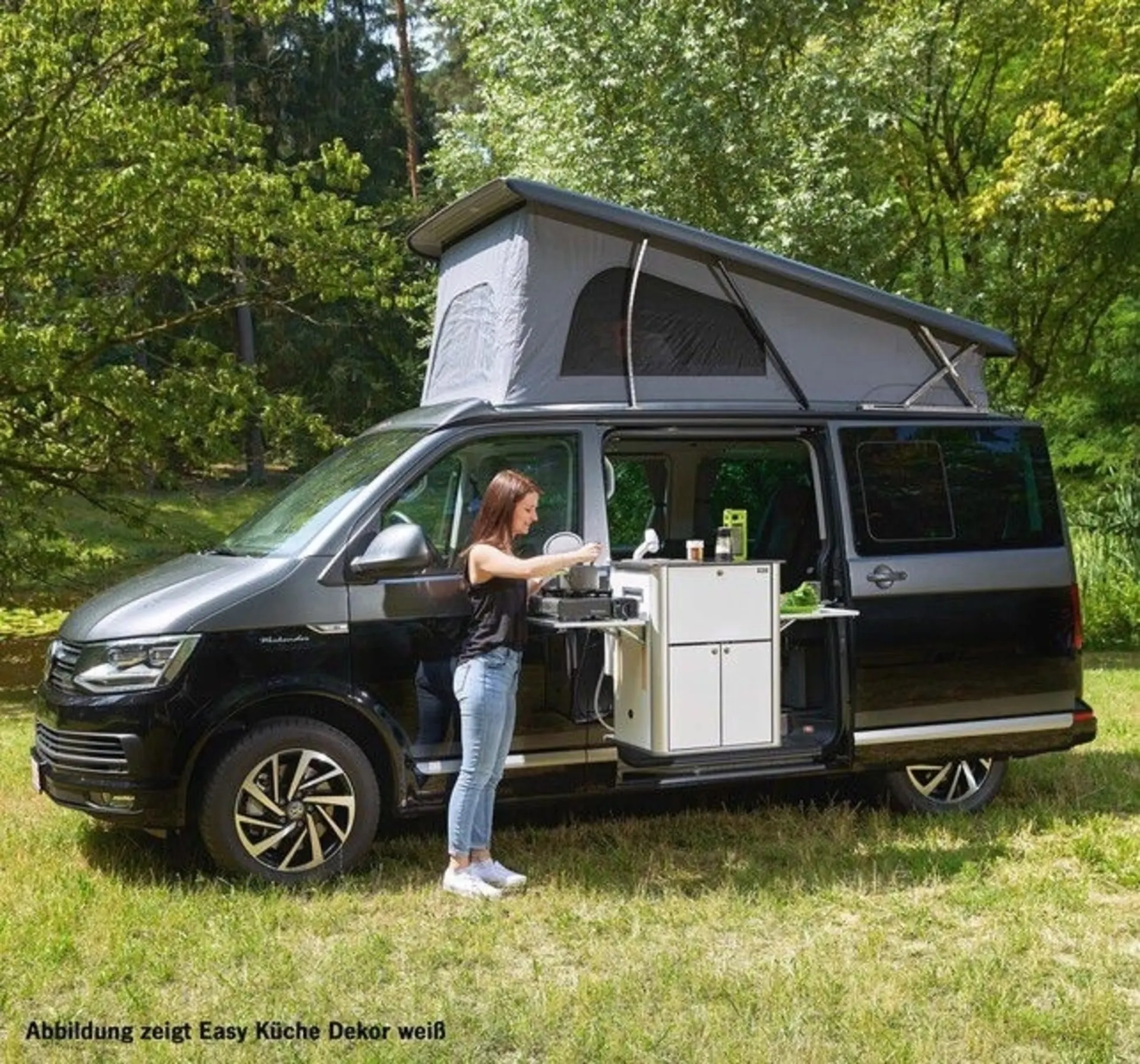 EASY-KÜCHE - Multifunktionales Küchenteil für Volkswagen T6/T5 Kombi und Mercedes Vito lang Kombi in Mattschwarz (Montage rechts)