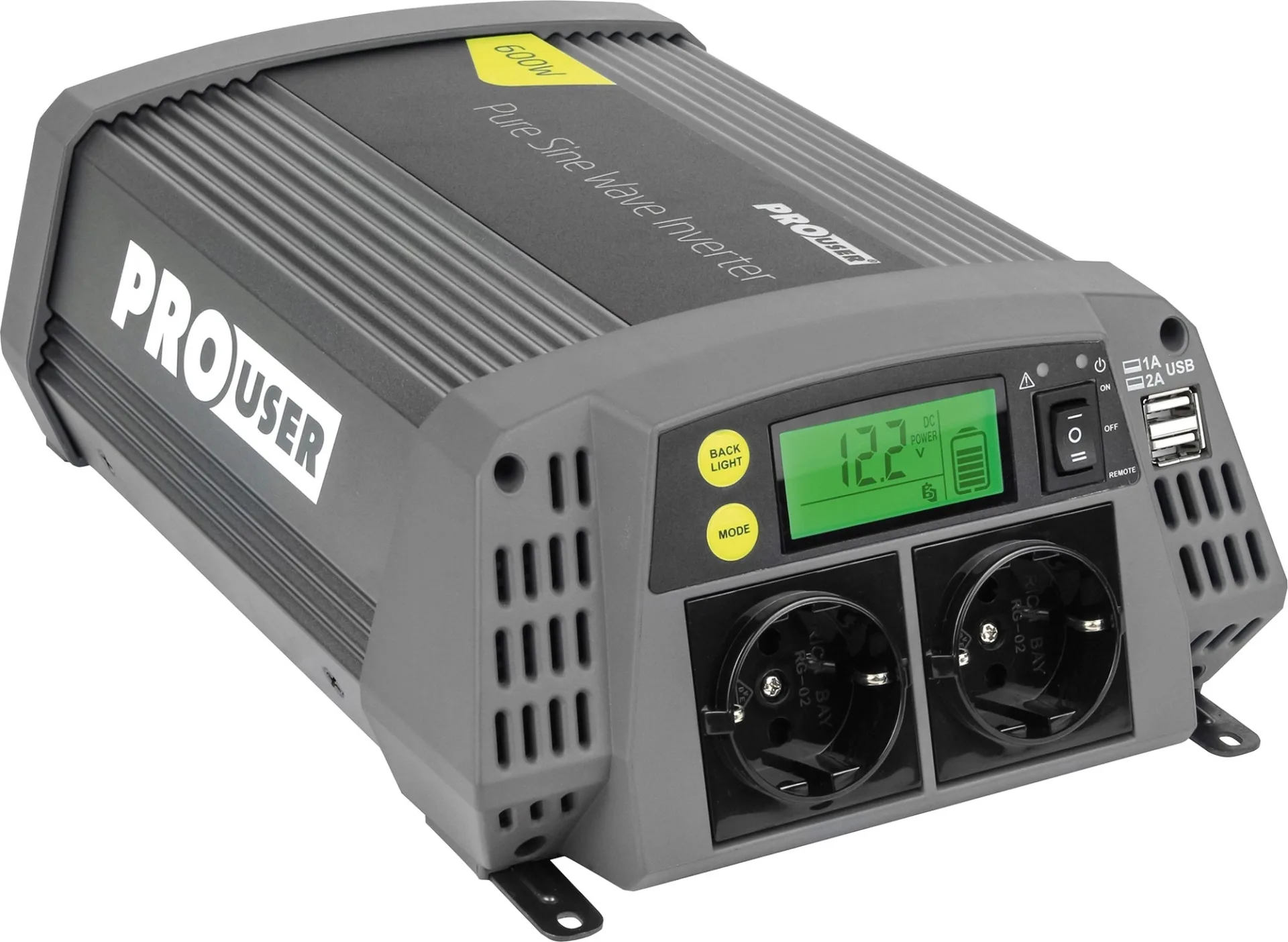 ProUser PSI600 Onduleur tension sinusoïdale pure 12 V vers 230 V avec affichage LCD 60 A 600 W