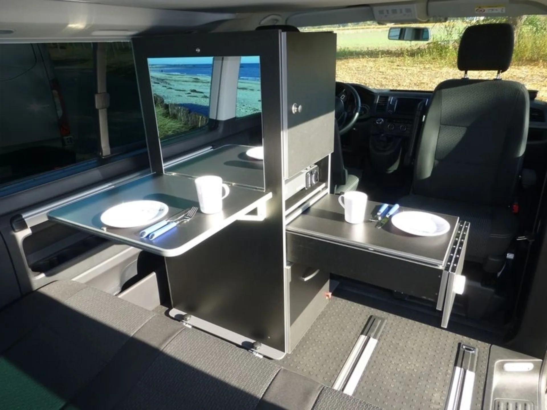 Calischrank mit Kocher für VW T5 / T6 / T6.1 California Beach und Multivan in Dekor Pearl