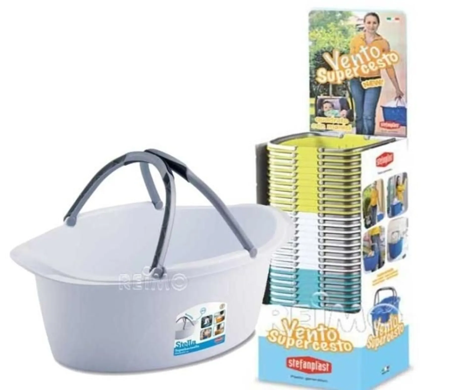 Display mit 30 Schüsseln/Wannen 25l, farblich sort