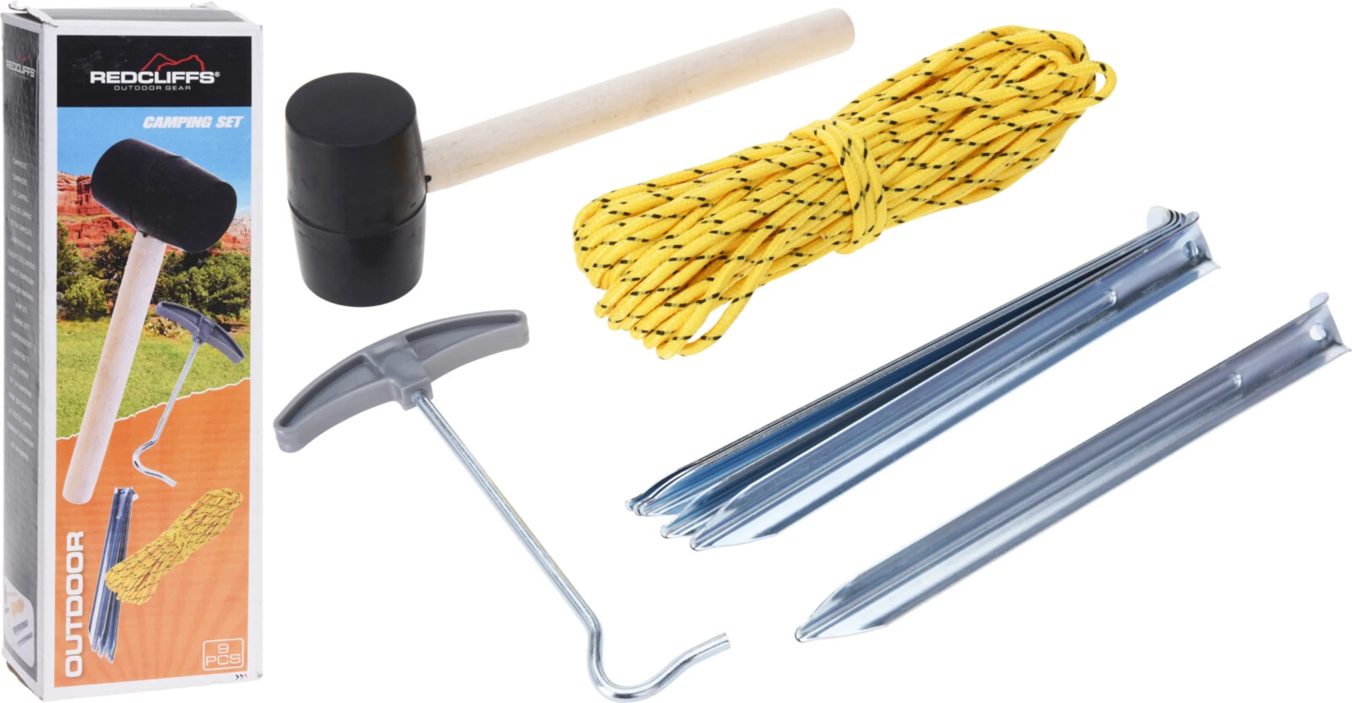 Heringset 9-teilig - 20m Seil, Gummihammer, Heringzieher, 6 Metall-Heringe 23cm
