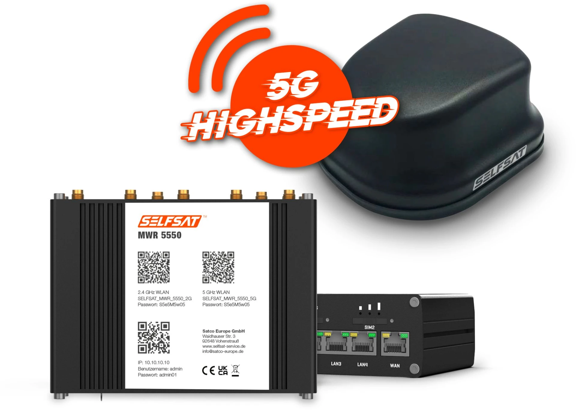 Selfsat 4G / LTE / 5G & WLAN Internet Router Komplettset MWR 5550 bis 3,3 Gbps inkl. 5G Dachantenne schwarz