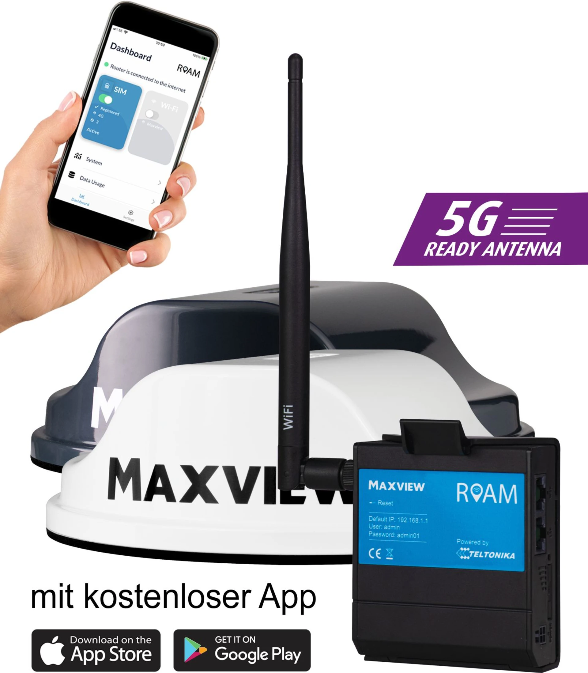 Maxview Roam mobile 4G/5G - Antenne WiFi avec routeur blanc