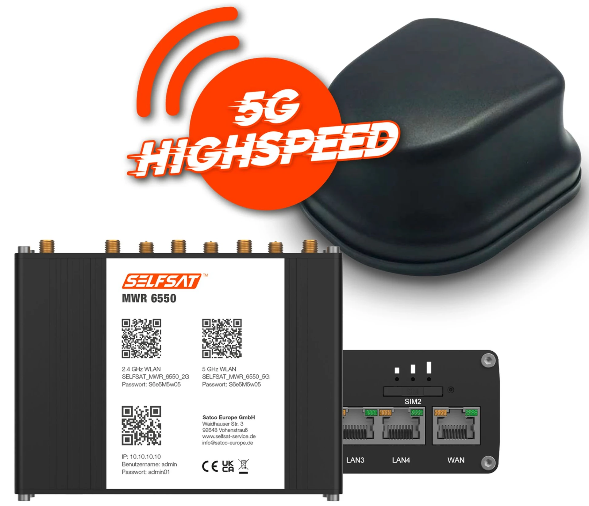 Selfsat 5G Cat 20 WiFi 6 WLAN Router MWR 6550 bis 3,4 Gbps inkl. 5G Antenne schwarz Selfsat 5G Cat 20 WiFi 6 WLAN Router MWR 6550 bis 3,4 Gbps inkl. 5G Antenne schwarz