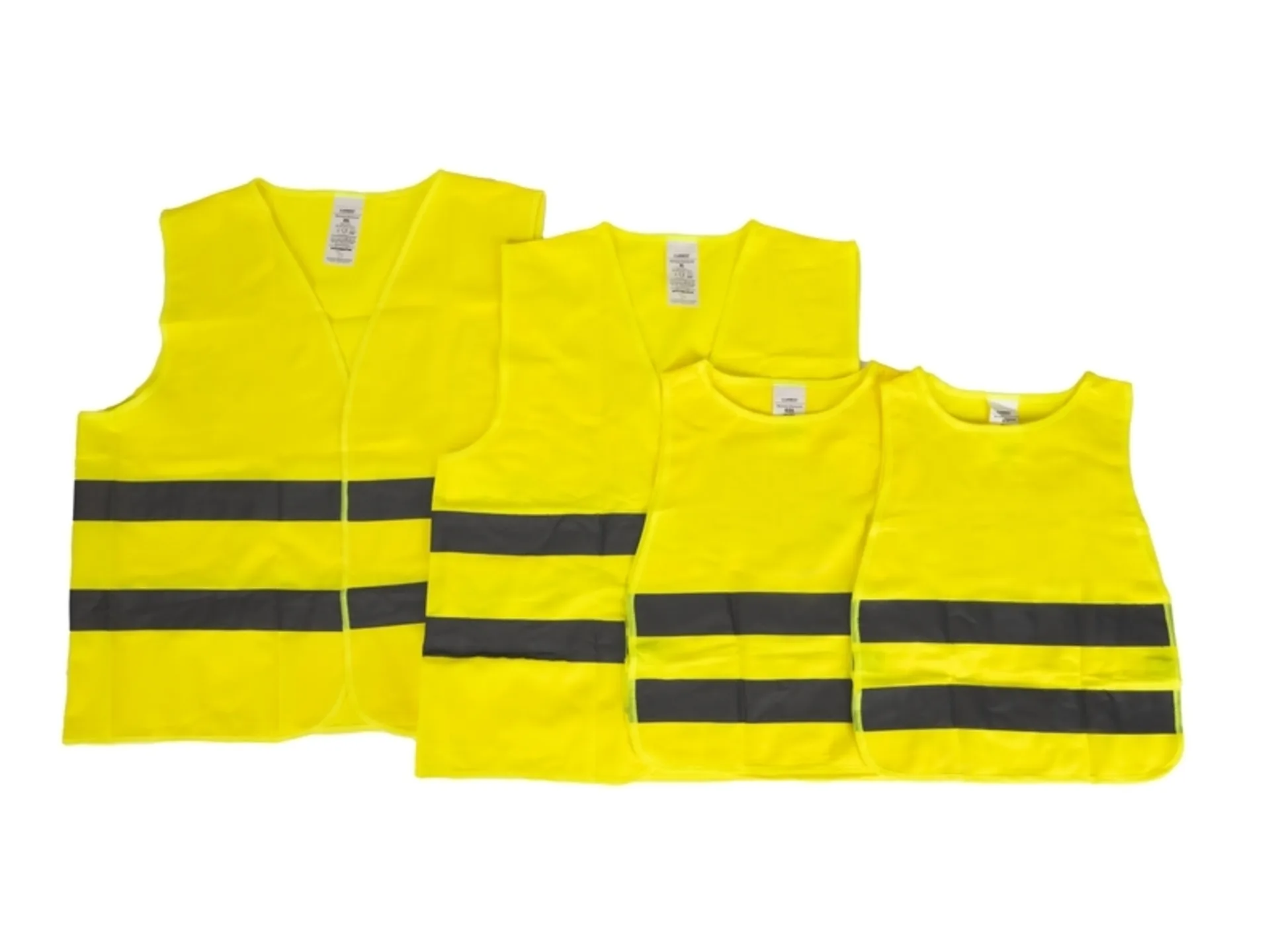 Set de gilets de sécurité pour toute la famille - jaune, 2x adultes (1x XL/1x XXL) + 2x enfants Set de gilets de sécurité pour toute la famille - jaune, 2x adultes (1x XL/1x XXL) + 2x enfants
